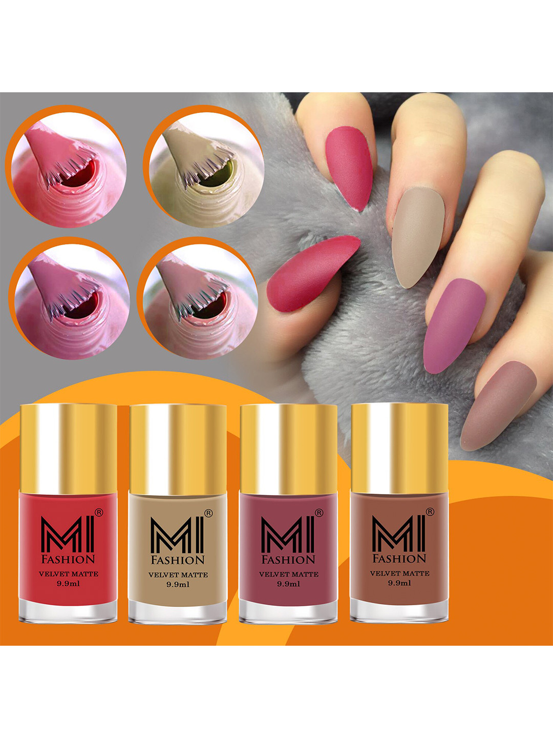 MI FASHION Set of 4 Velvet Matte Nail Polish 9.9 ml Each - Peach 31 - Nude 32 - Tan 33 - Nude 45