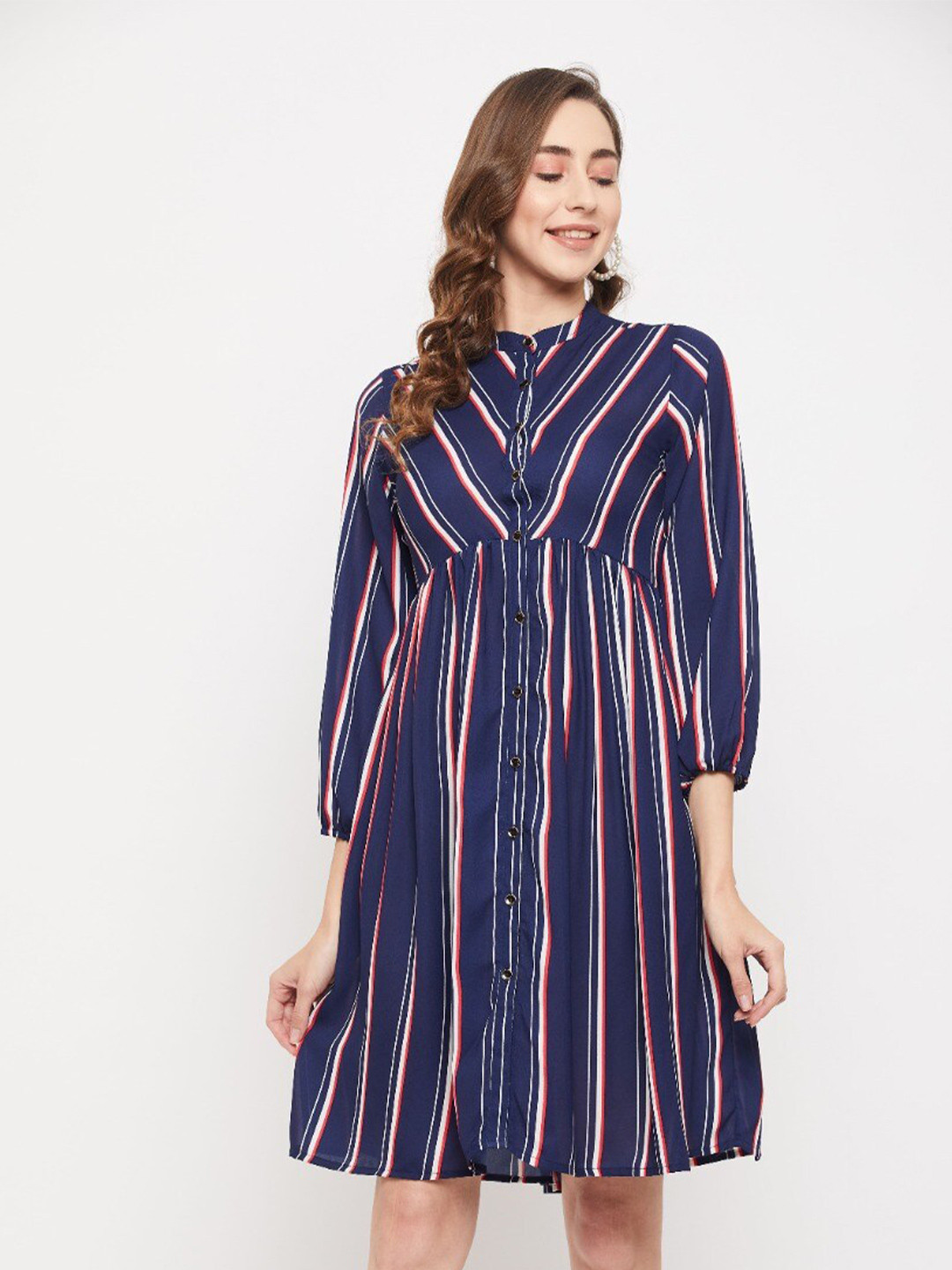 Ruhaans Striped Mandarin Collar Shirt Dress