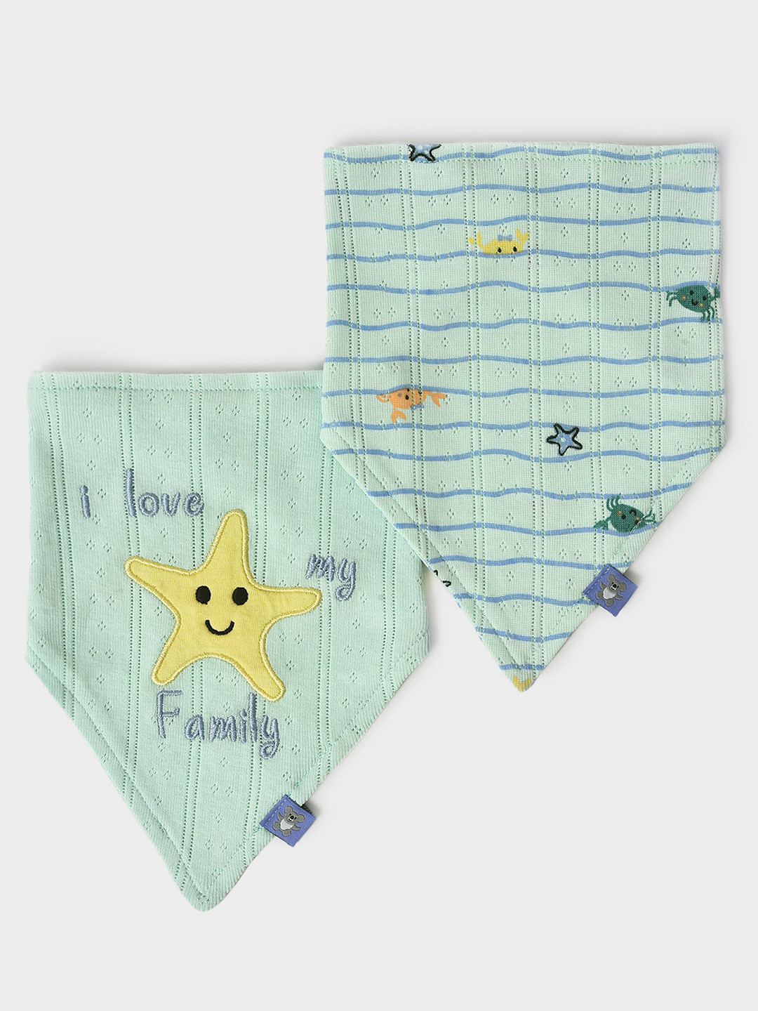 MiArcus 100% Cotton Knitted Sea Animal Print Triangle Bib With Snap Button 0-3 M Pk of 2