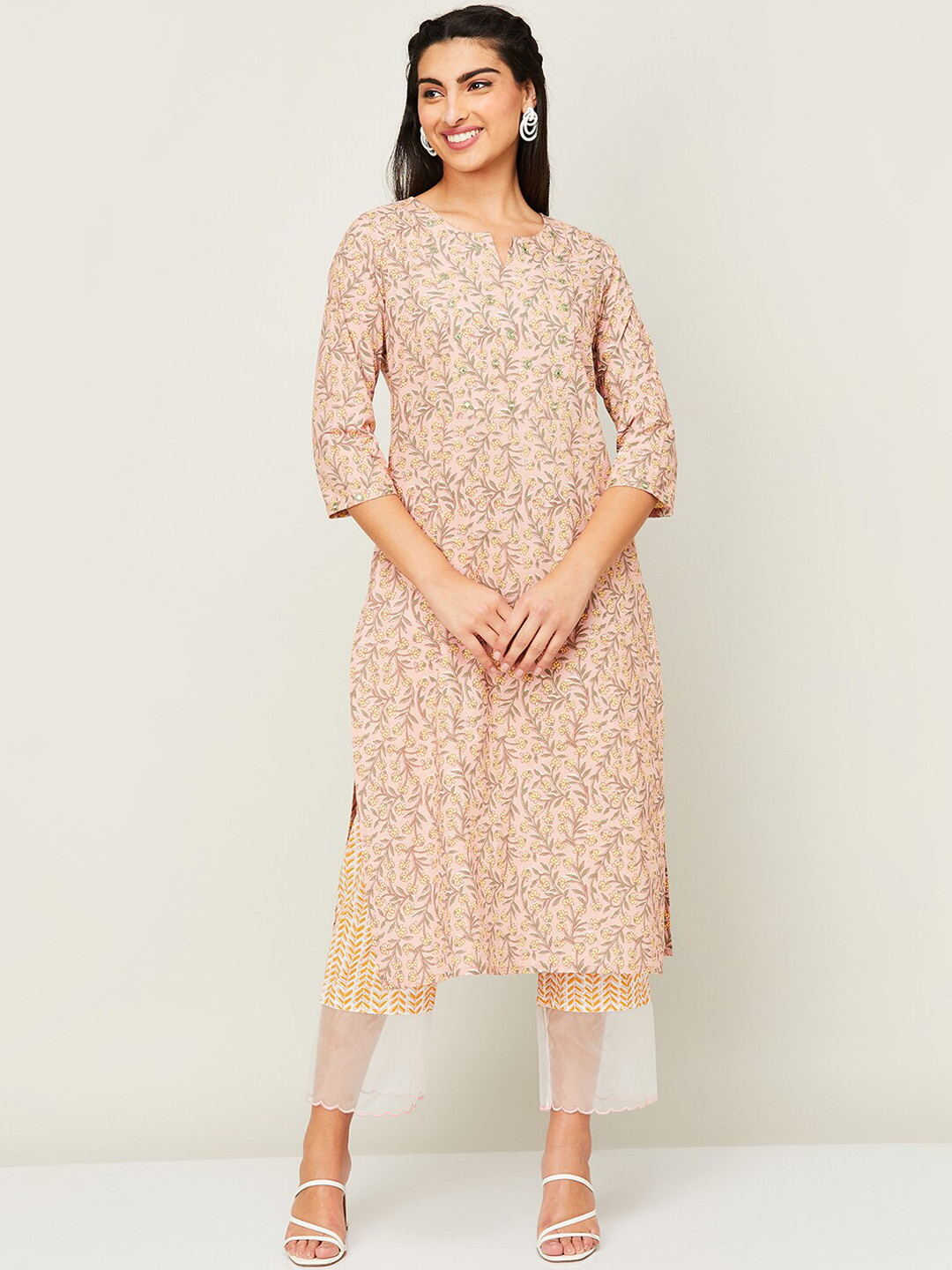 Melange by Lifestyle Mirror Work Floral Printed Pure Cotton Kurta with Trousers