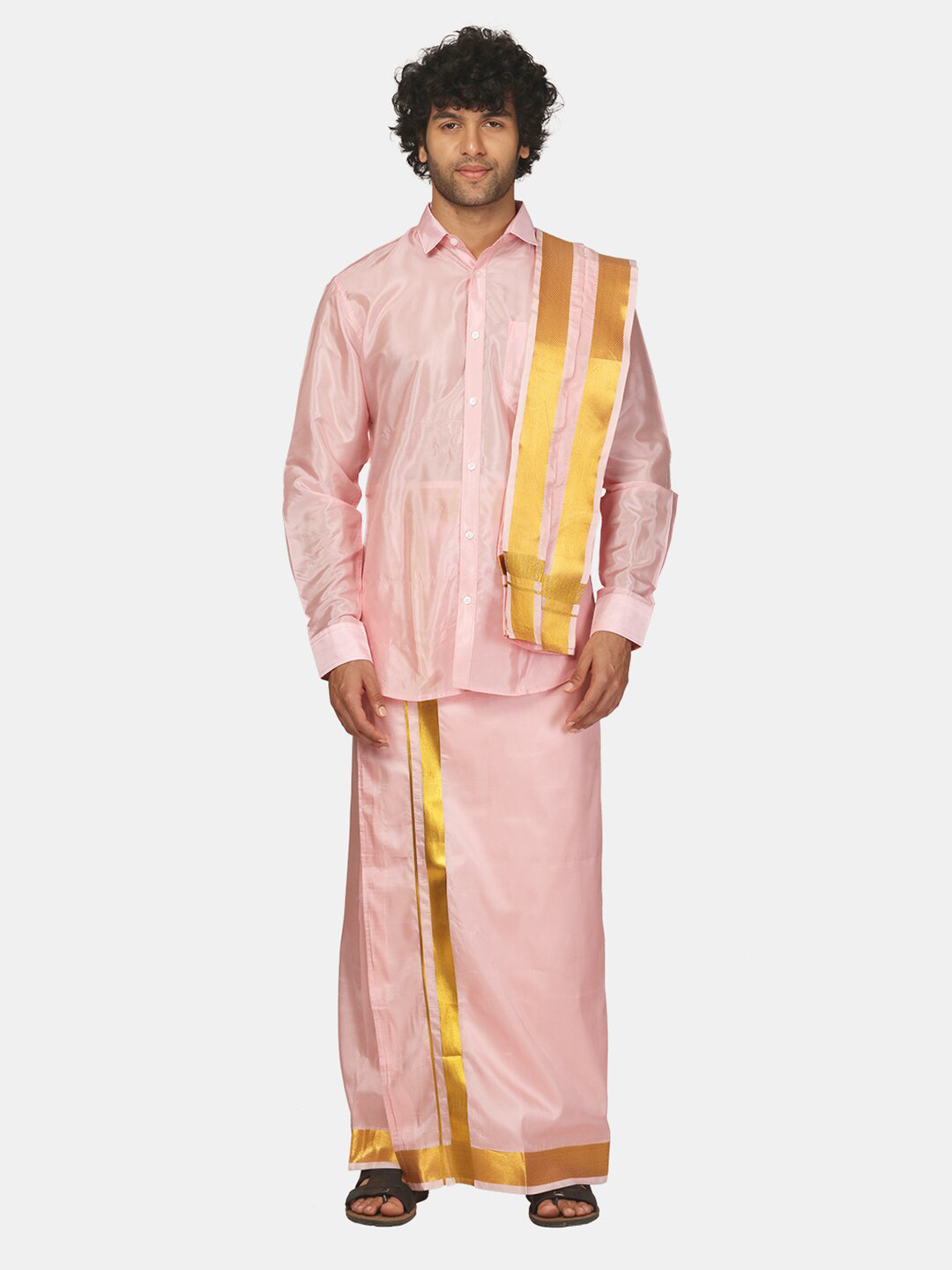 Sethukrishna Men Spread Collar Long Sleeves Shirt and Dhoti with Angavastram Set