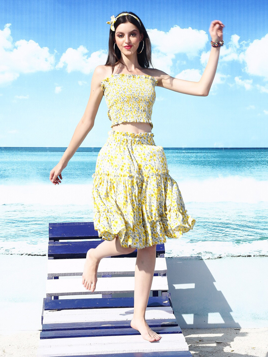 Sera Strapless Floral Printed Smocked Top & Tiered Skirt