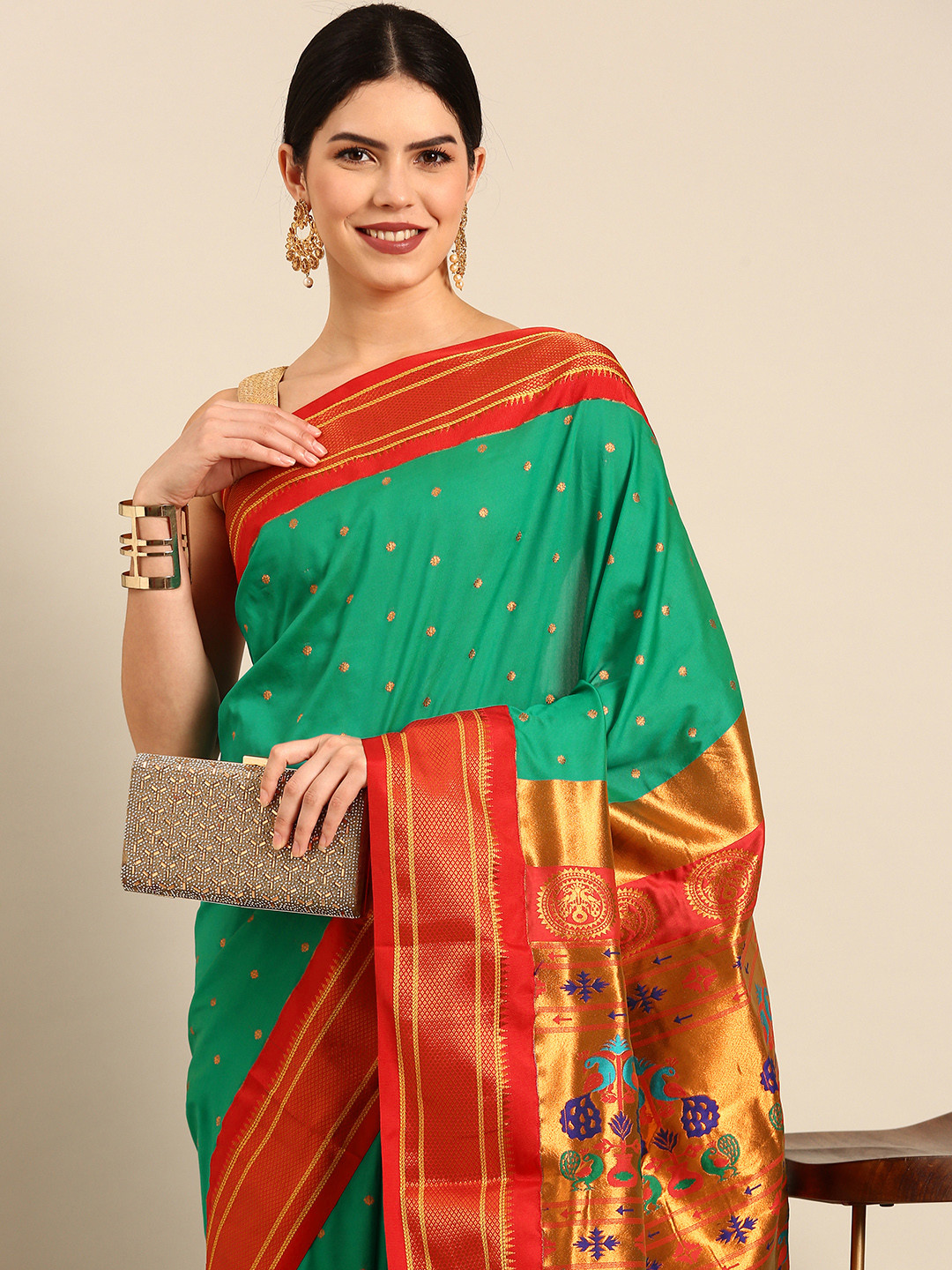 Varkala Silk Sarees Green & Red Ethnic Motifs Zari Silk Blend Paithani Saree
