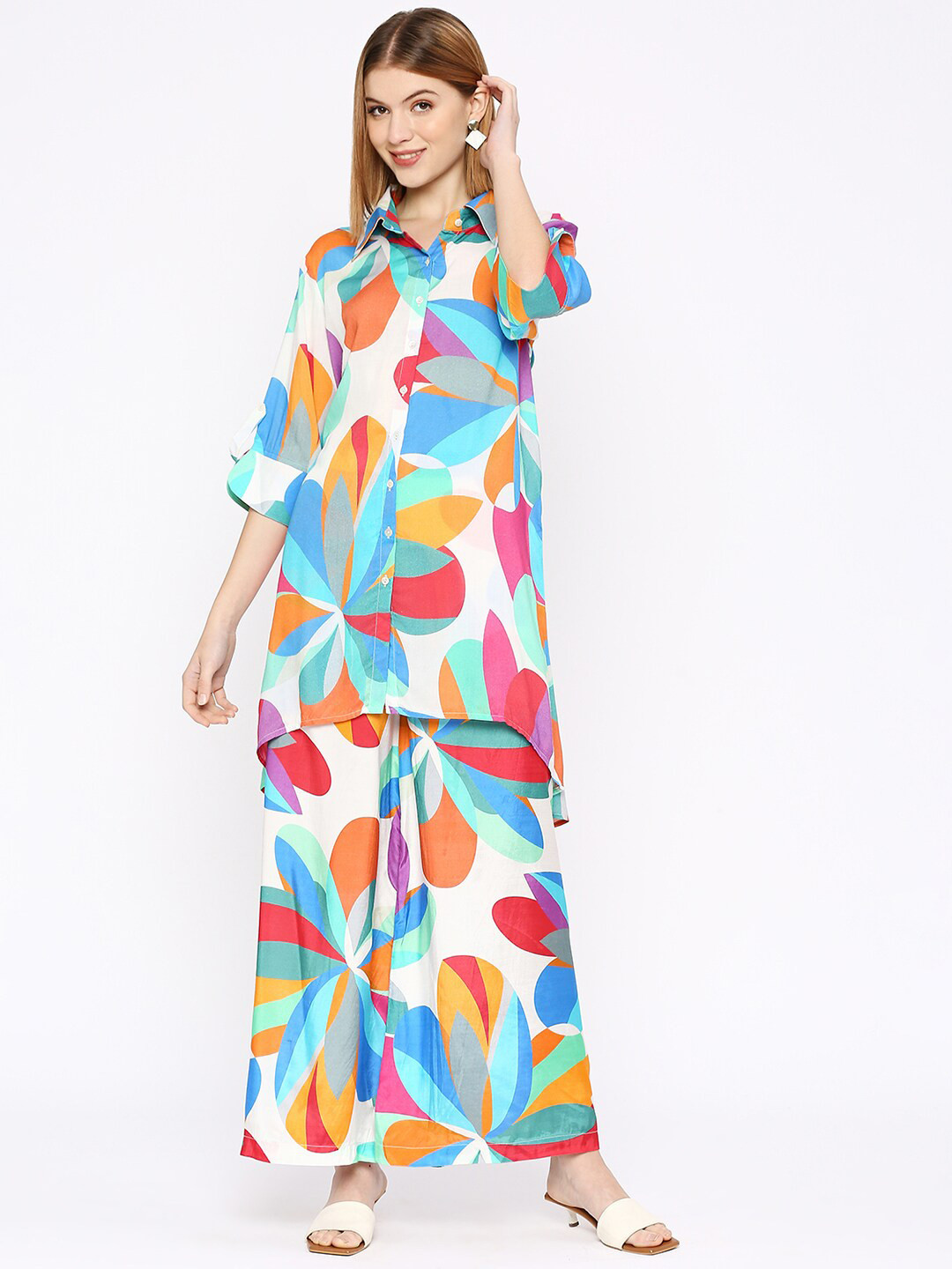 Cloth Haus India Abstract Printed Roll-Up Sleeves Shirt Style Longline Top