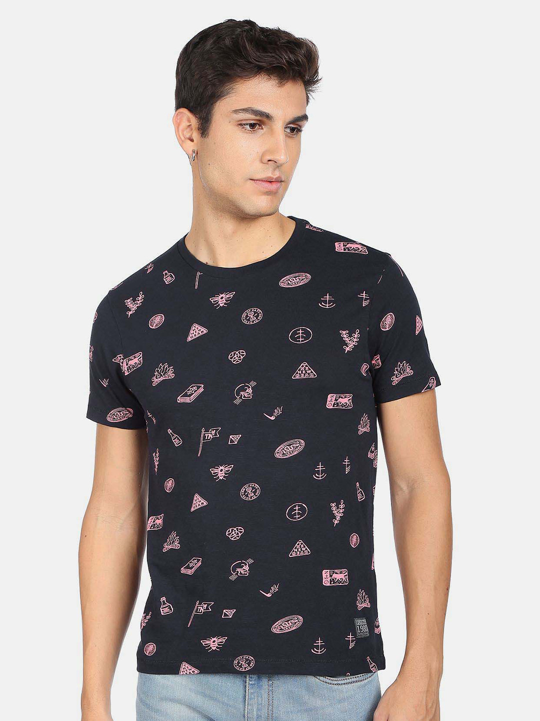 Flying Machine Conversational Printed Round Neck Pure Cotton T-shirt