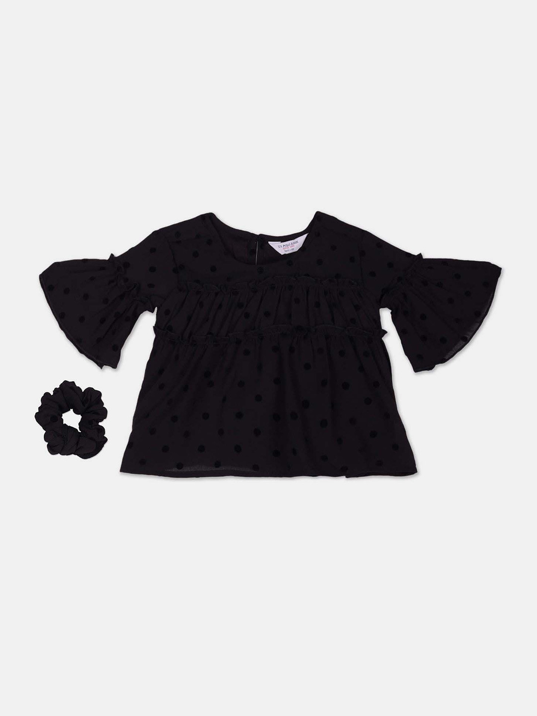 U.S. Polo Assn. Kids Girls Polka Dots Printed Bell Sleeves Tiered A-Line Top