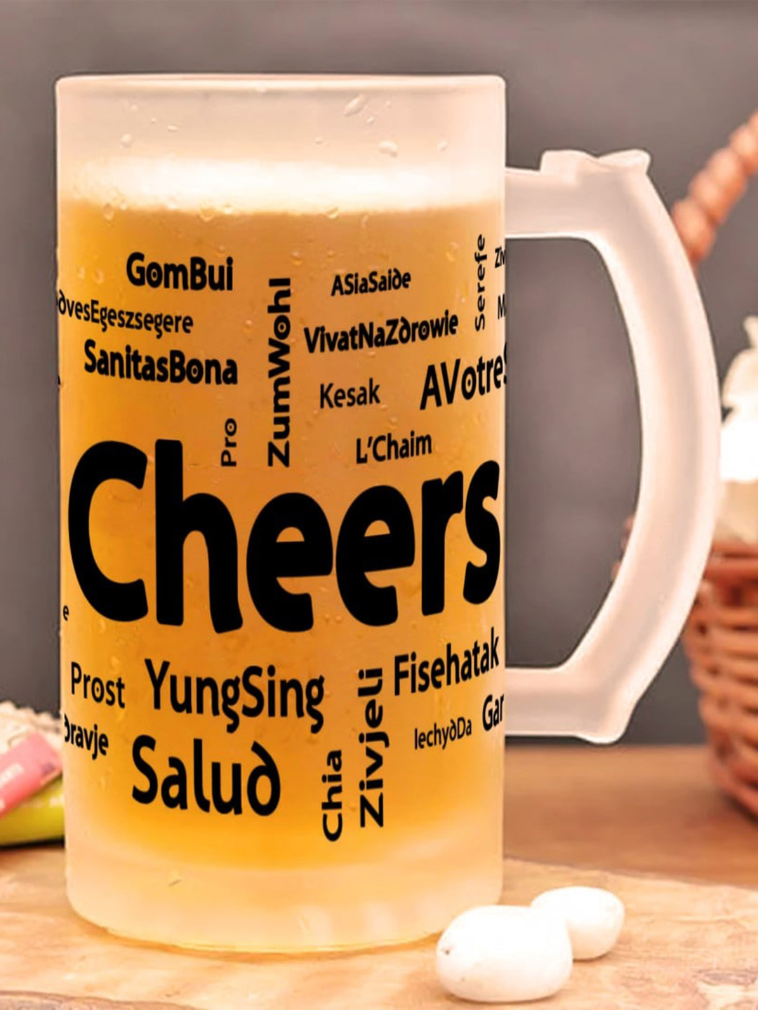 Gathari Transparent Cheers Funny Quotes Printed Glass Beer Mug With Handle 500 ml
