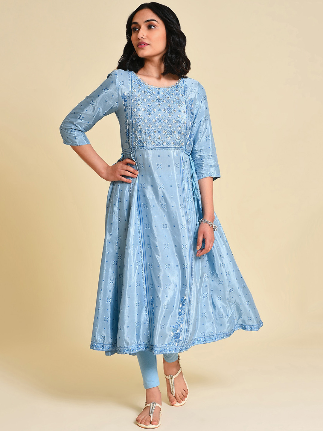 W Ethnic Motifs Printed Sequined Yoke Design Anarkali Kurta with Tie-Up Detail