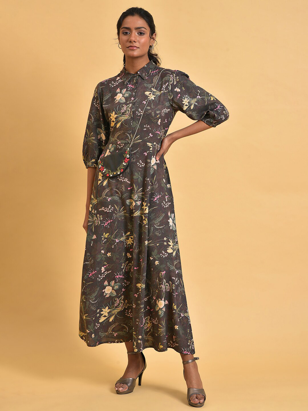 W Shirt Collar Floral Maxi Dress