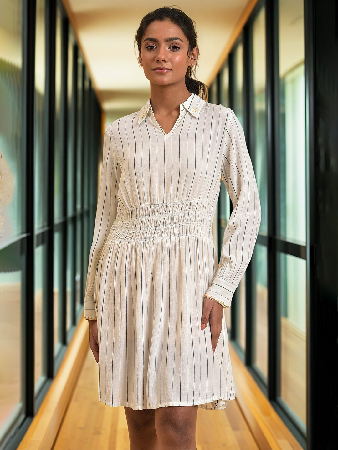 W Shirt Collar Striped Shirt Dress