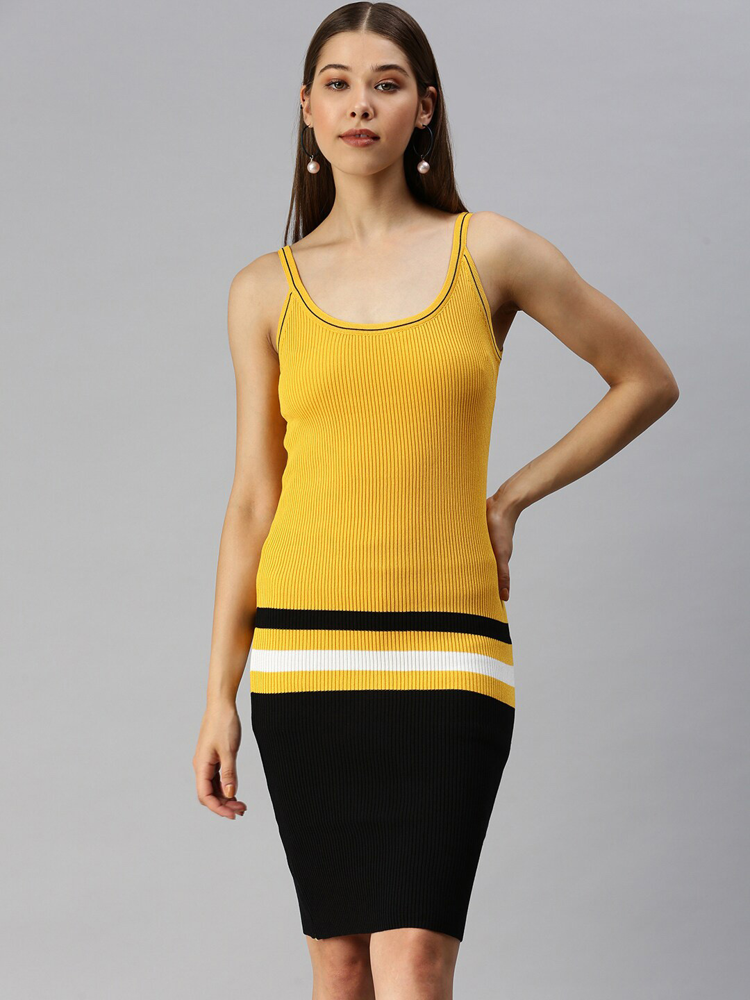 SHOWOFF Yellow Striped Knee Length Bodycon Dress