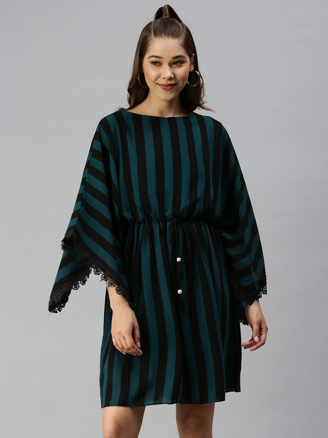 SHOWOFF Boat Neck Striped Georgette Kaftan Dress