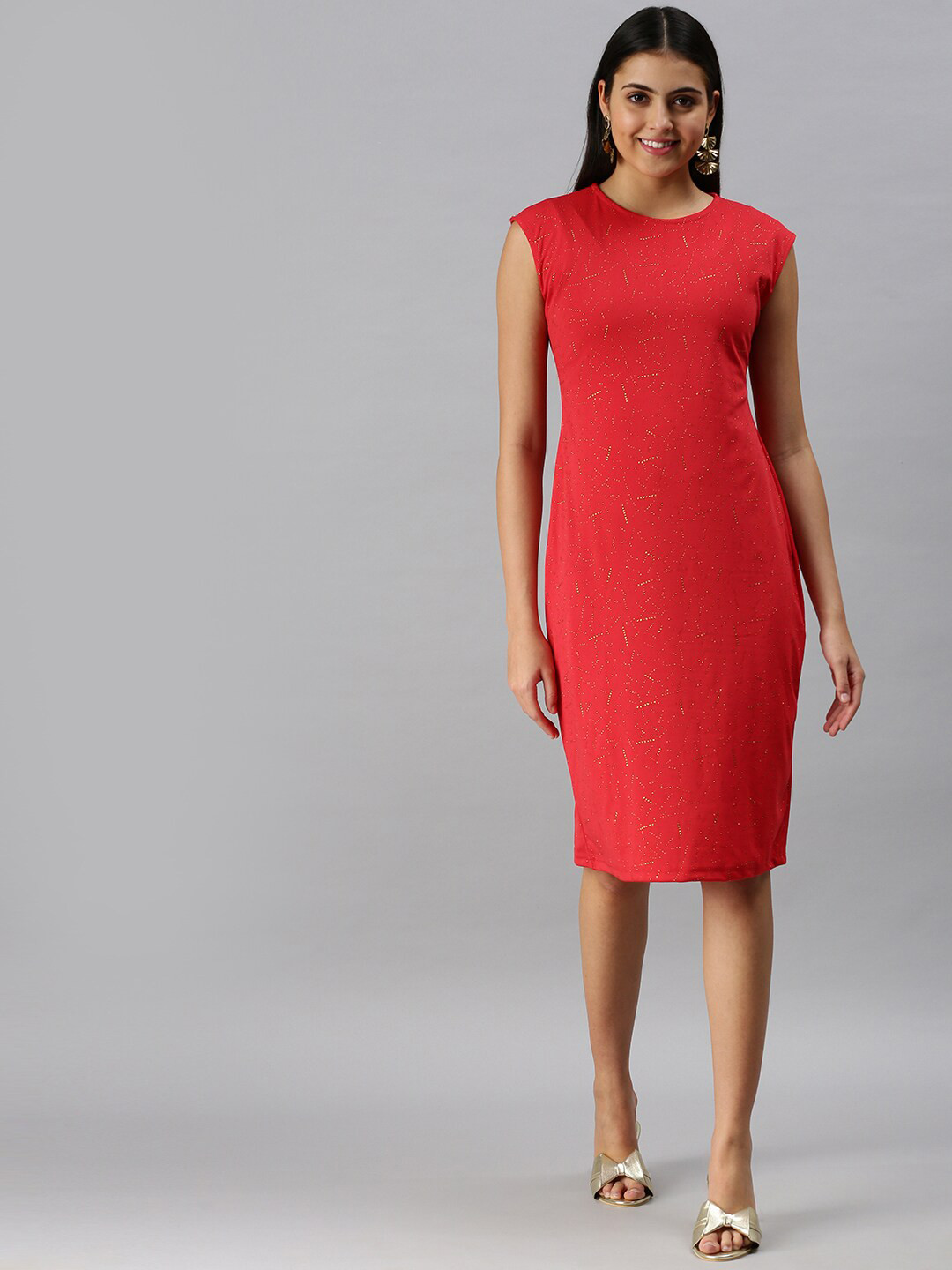 SHOWOFF Red & Gold Embellished Sleeveless Sheath Dress