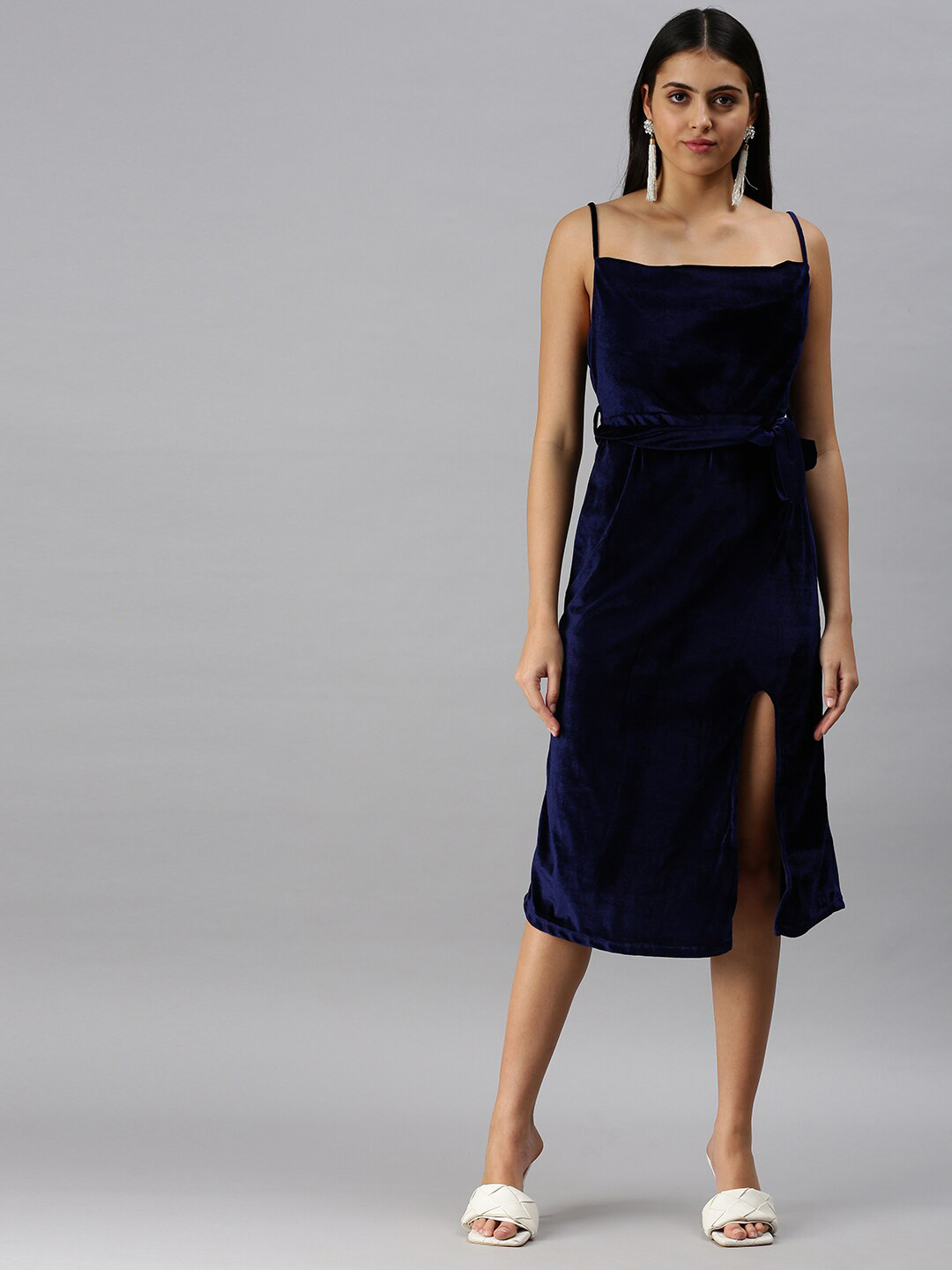 SHOWOFF Shoulder Strap Velvet Fit & Flare Midi Dress