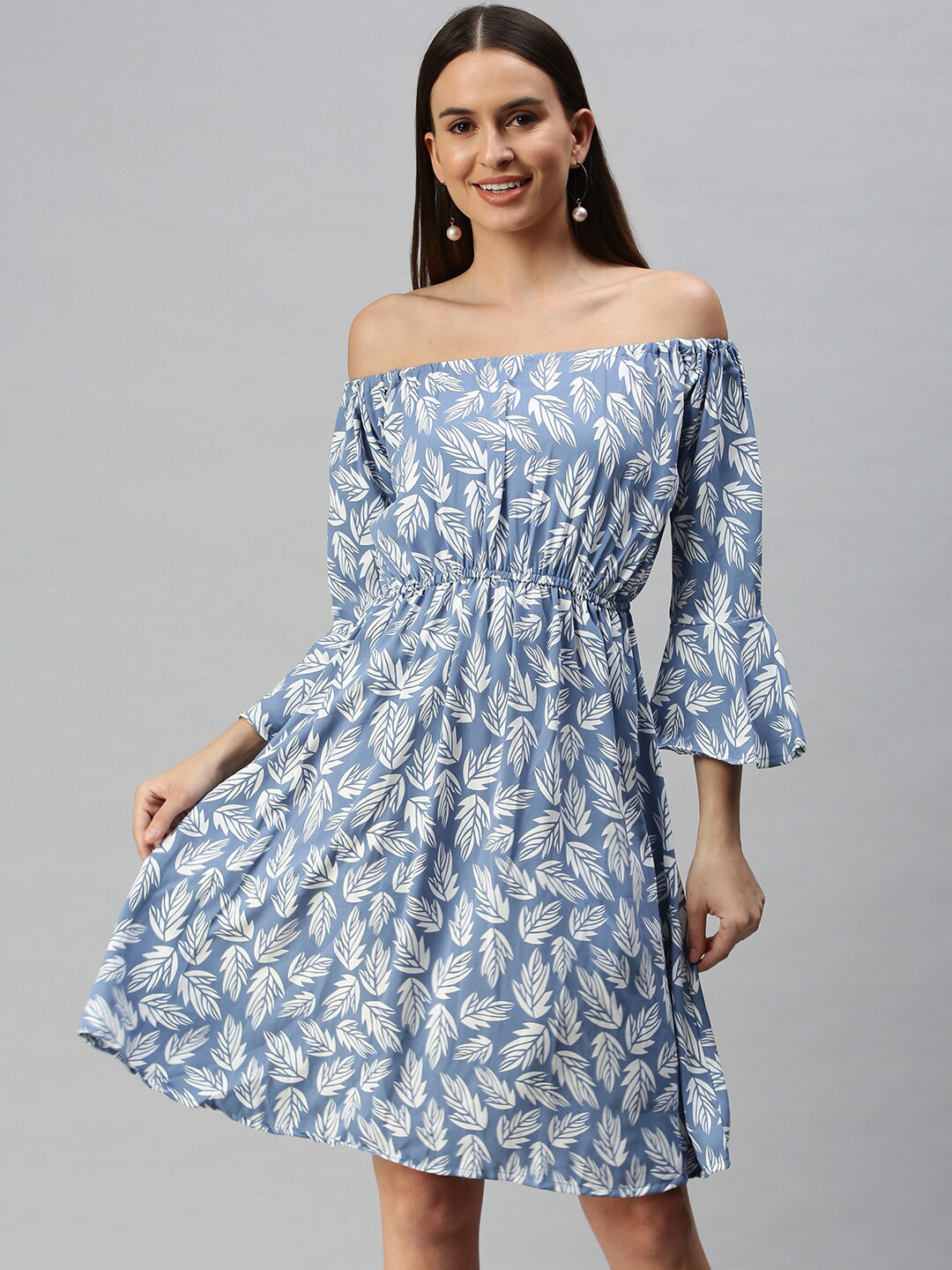 SHOWOFF Tropical Printed Off-Shoulder Fit & Flare Dress