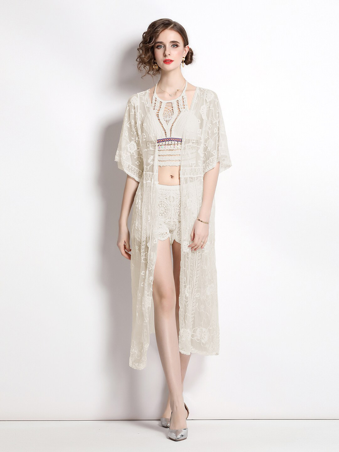 JC Collection Self Design Halter Neck Top with Shorts & Shrug Co-Ords