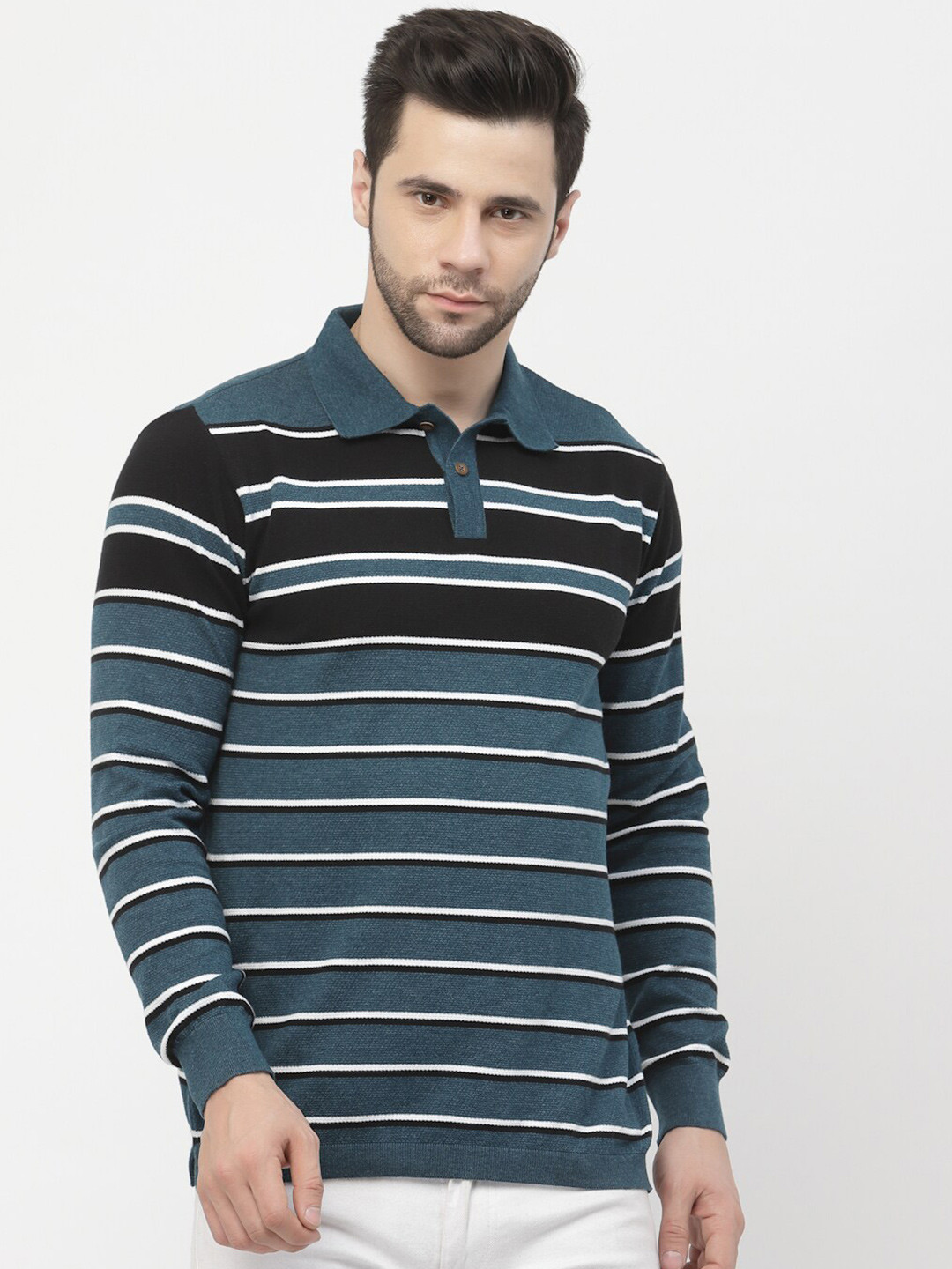 Kalt Striped Polo Collar Long Sleeve Cotton T-shirt
