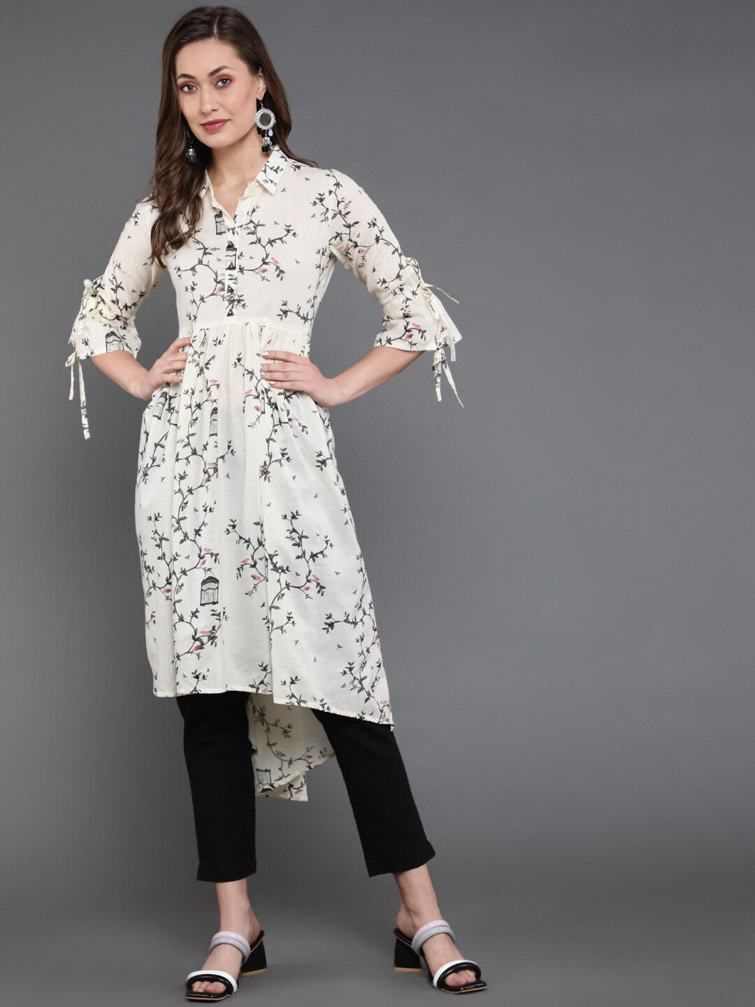 antaran Quirky Printed Flared Sleeves Pure Cotton Low High Kurta
