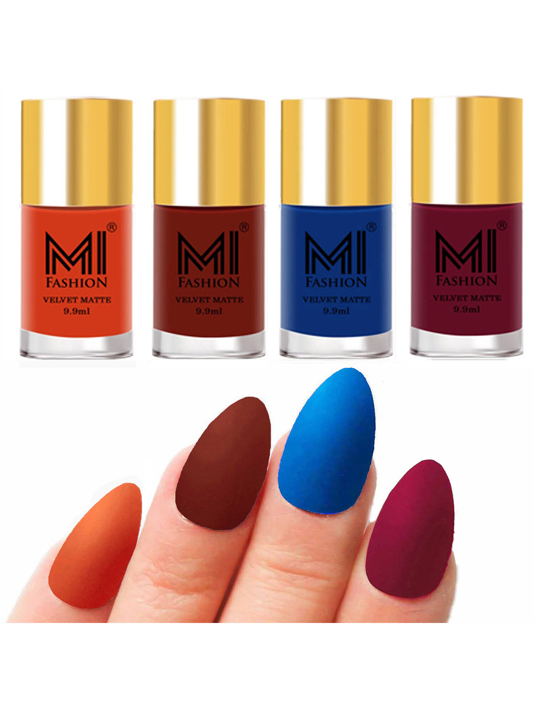 MI FASHION Set Of 4 Velvet Matte Long Lasting Nail Paints 9.9 ml Each - Orange 16 - Cherry Red 17 - Navy Blue 18 - Mauve 25