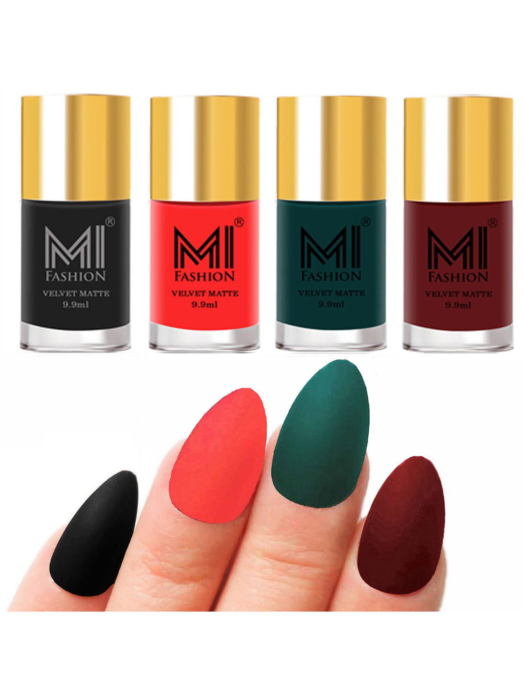 MI FASHION Set Of 4 Velvet Matte Nail Paints - 9.9 ml Each-Black 05-Neon Orange 11-Dark Green 12-Maroon 23
