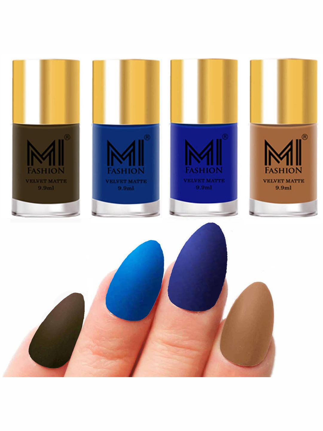 MI FASHION Set Of 4 Velvet Matte Long Lasting Nail Paints - 9.9ml Each - Olive Brown 15 -Navy Blue 18 - Royal Blue 19 & Dark Nude 27