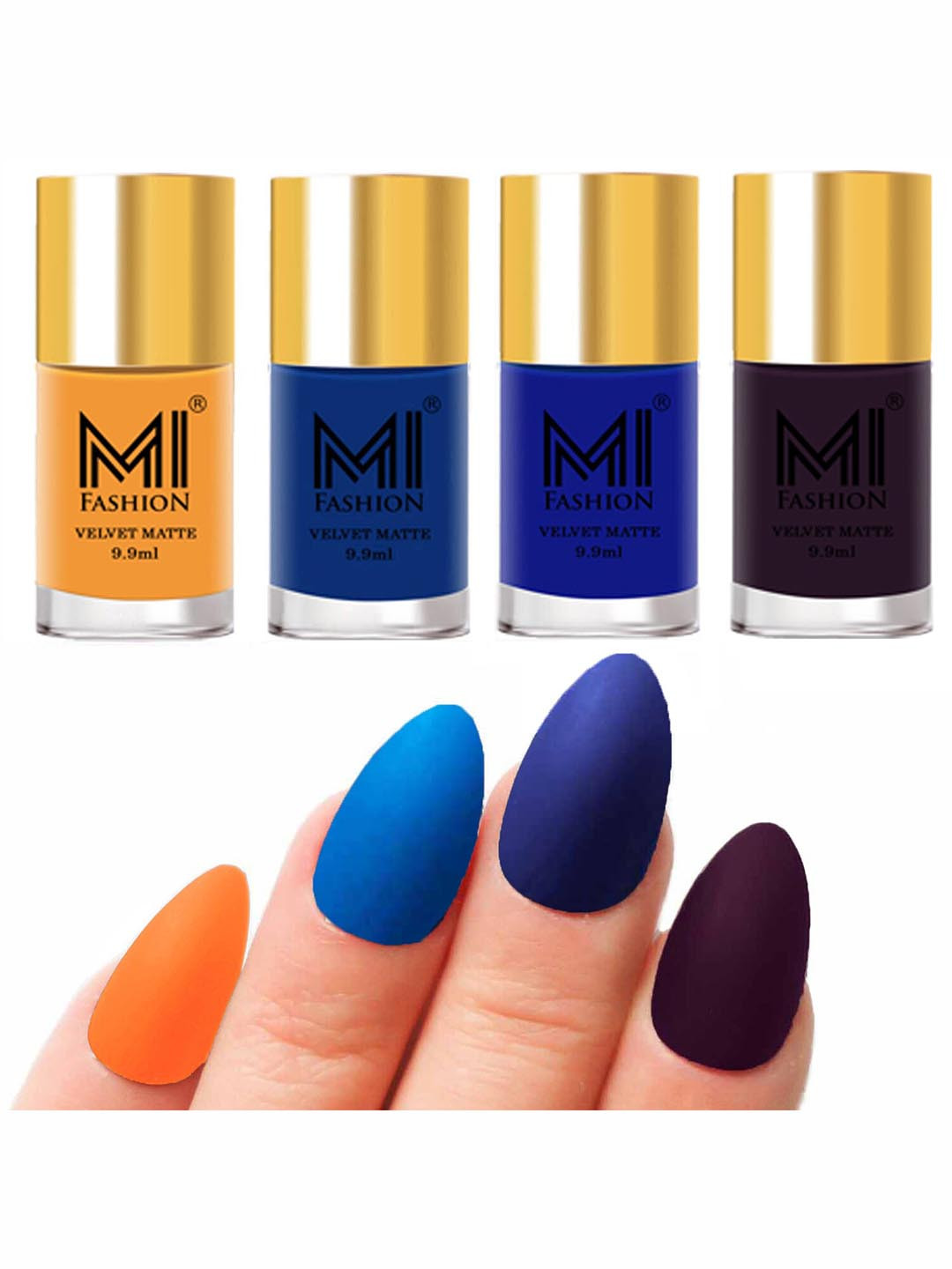 MI FASHION Set of 4 Velvet Matte Nail Polish 9.9 ml Each - Saffron Orange 01 - Navy Blue 18 - Royal Blue 19 - Dark Purple 30