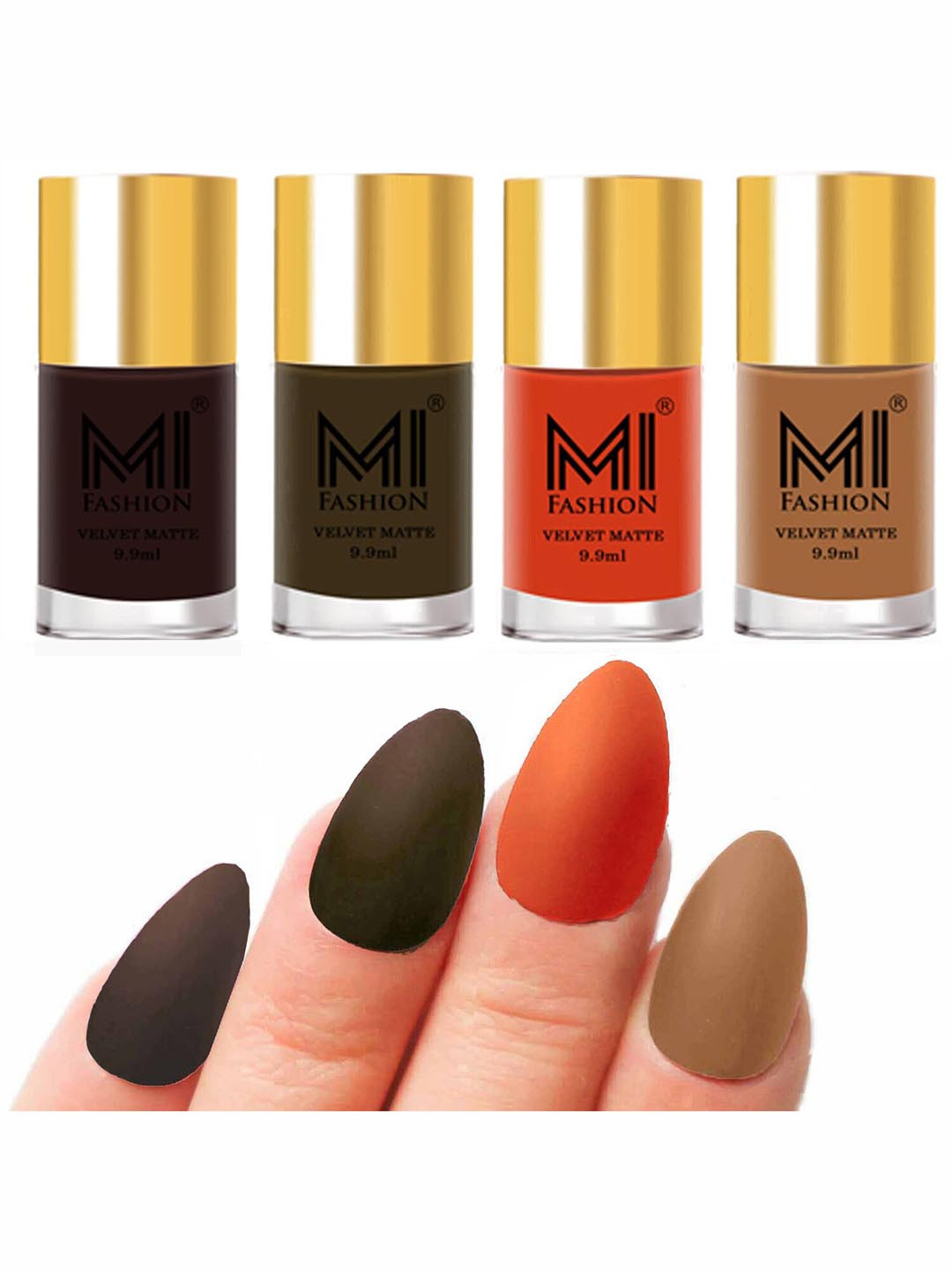 MI FASHION Set of 4 Velvet Matte Nail Polish 9.9 ml Each - Dark Brown 09 - Olive Brown 15 - Orange 16 - Dark Nude 27