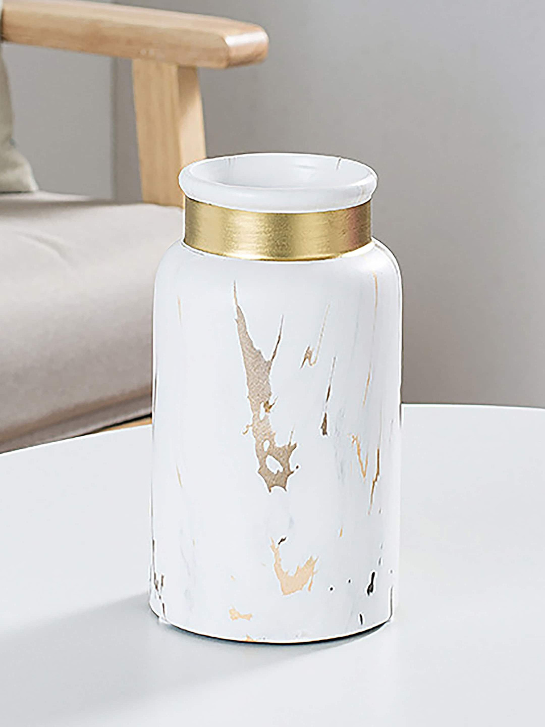 Art Street White & Gold-Toned Marble Design Ceramic Vase