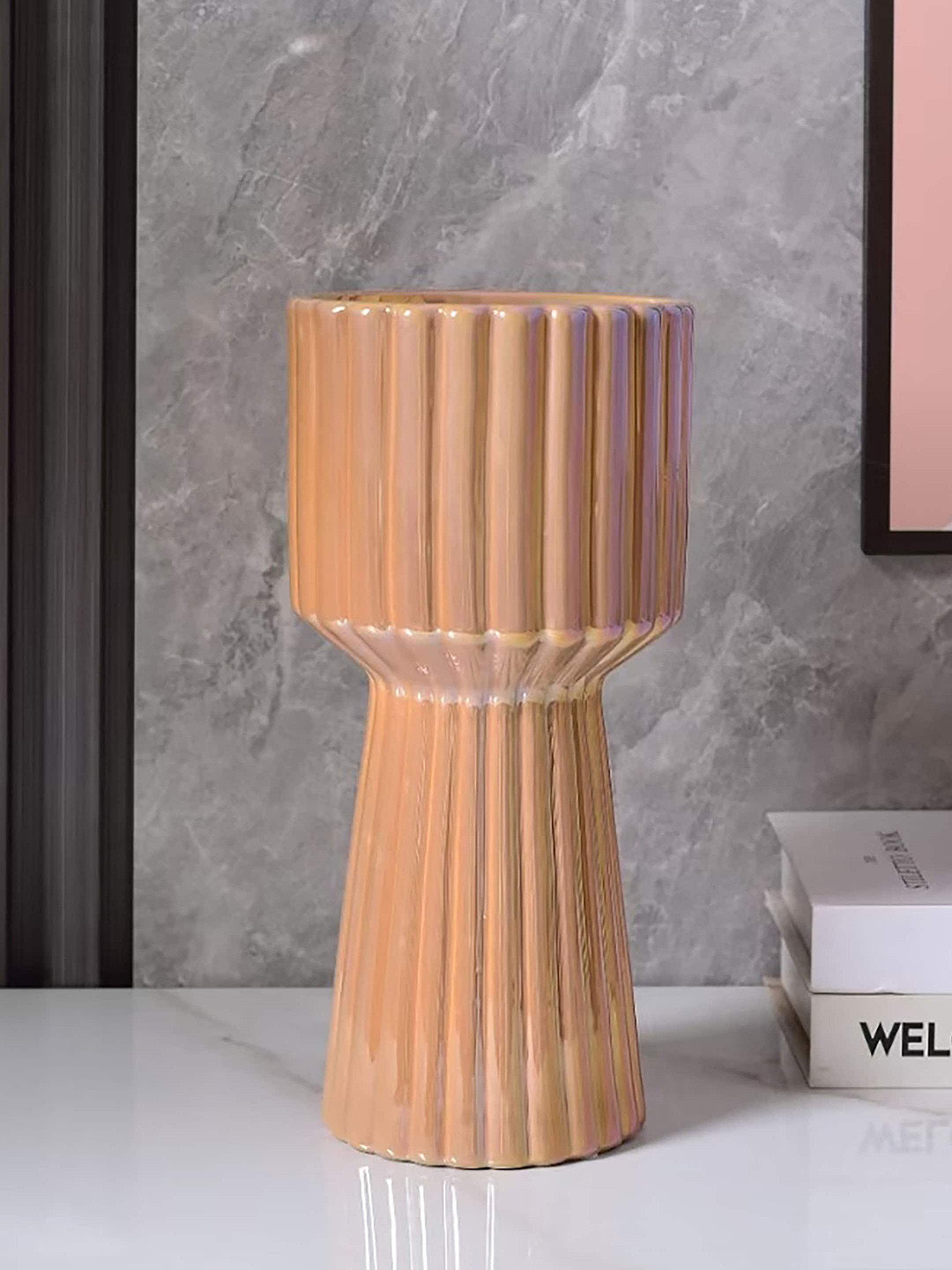 Art Street Orange Gradiant Effect Boho Ribbed Ceramic Vase