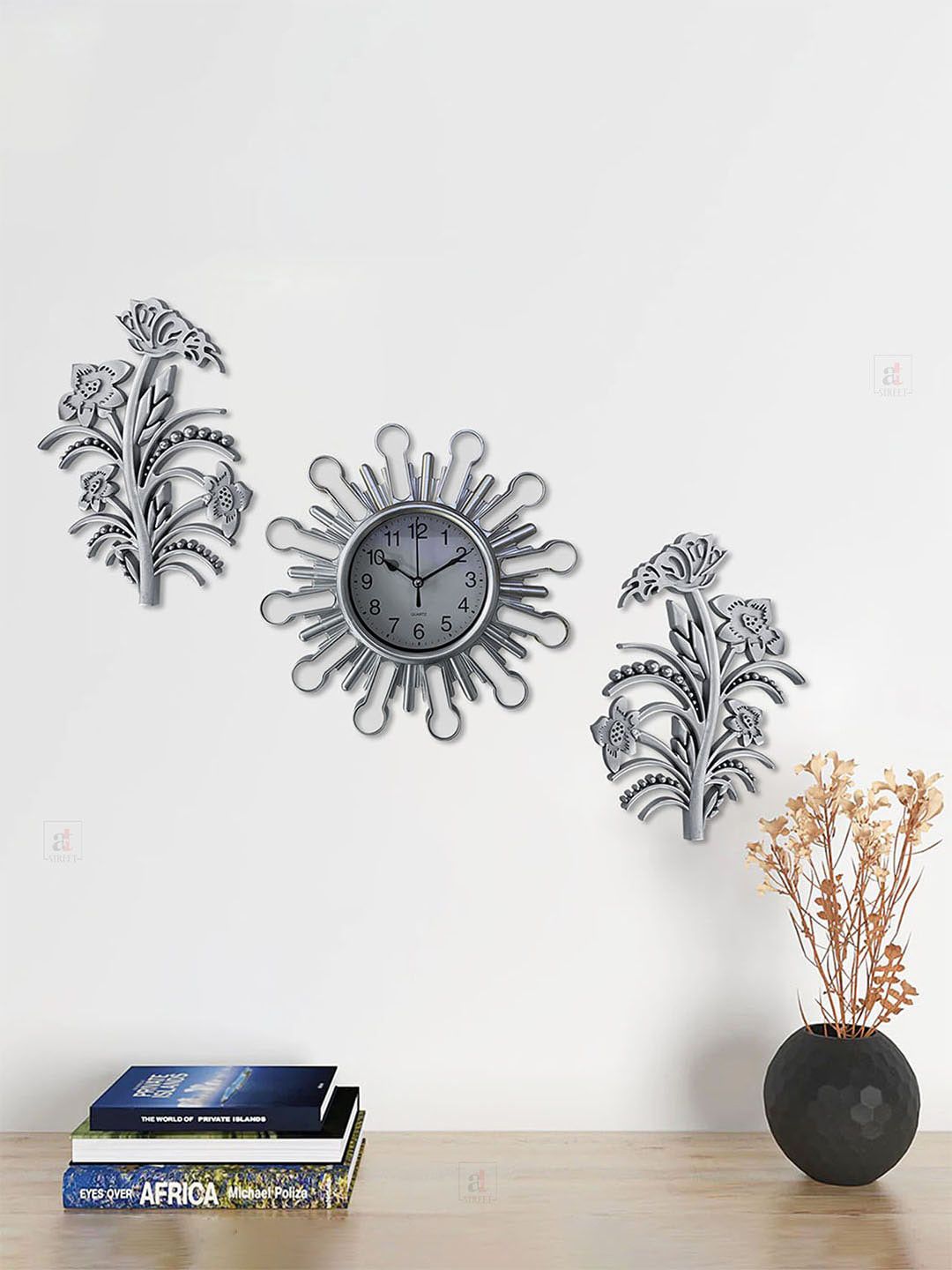Art Street Silver-Toned Analogue Antique Design Decorative Flower Wall Clock With Leaf Set