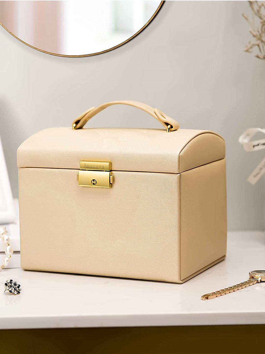 YouBella Beige Textured Portable Jewellery Box Organiser