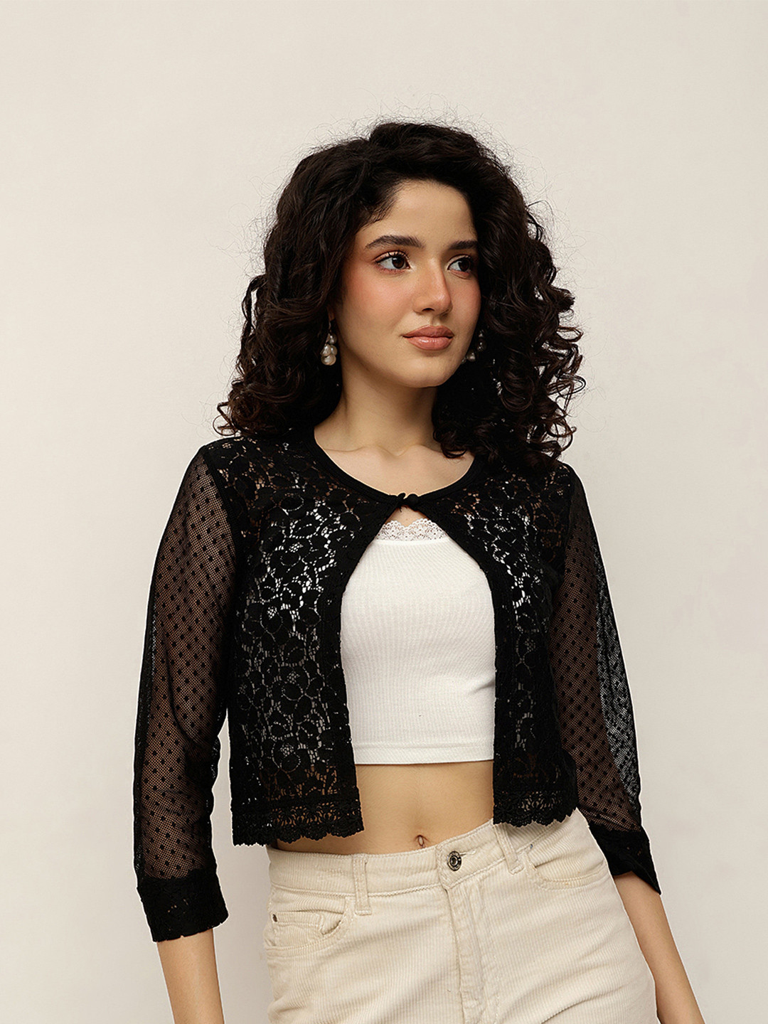 Espresso Sheer Lace Button Shrug