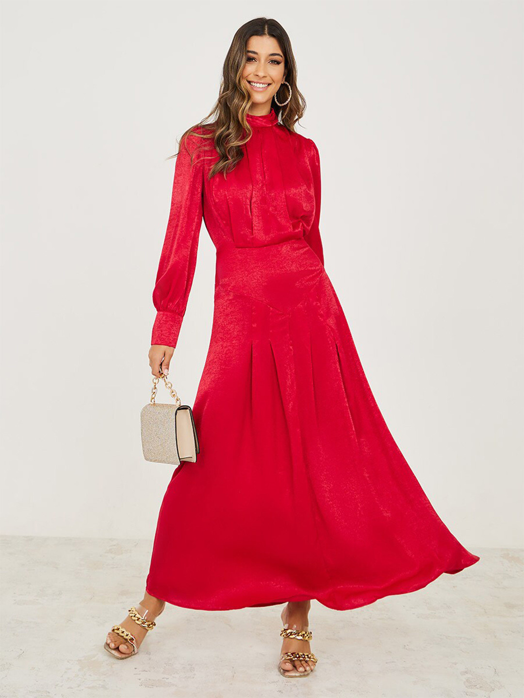 Styli Red High Neck Pleated Puff Sleeves Maxi Dress