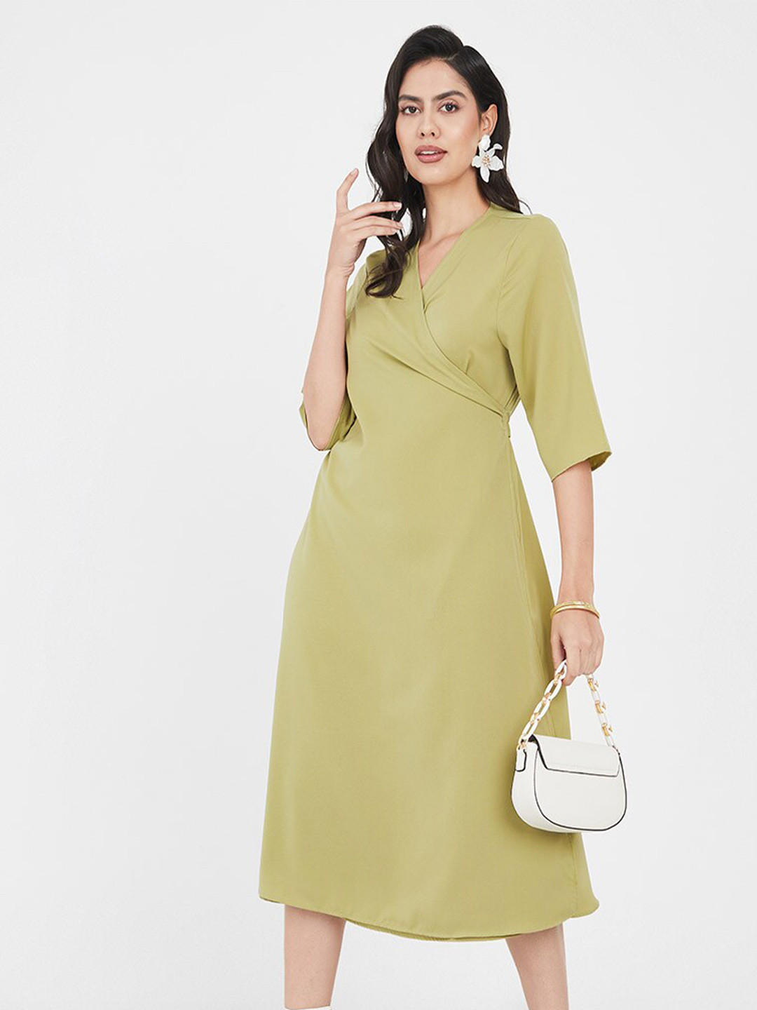 Styli Green V-Neck Midi Wrap Dress