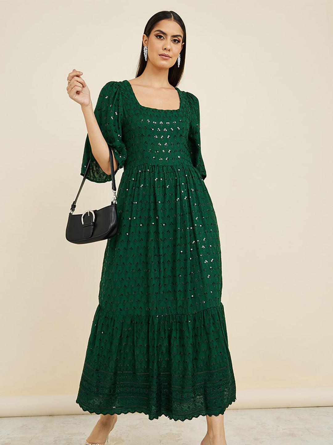 Styli Green Embellished Square Neck Flared Sleeves Midi Dress