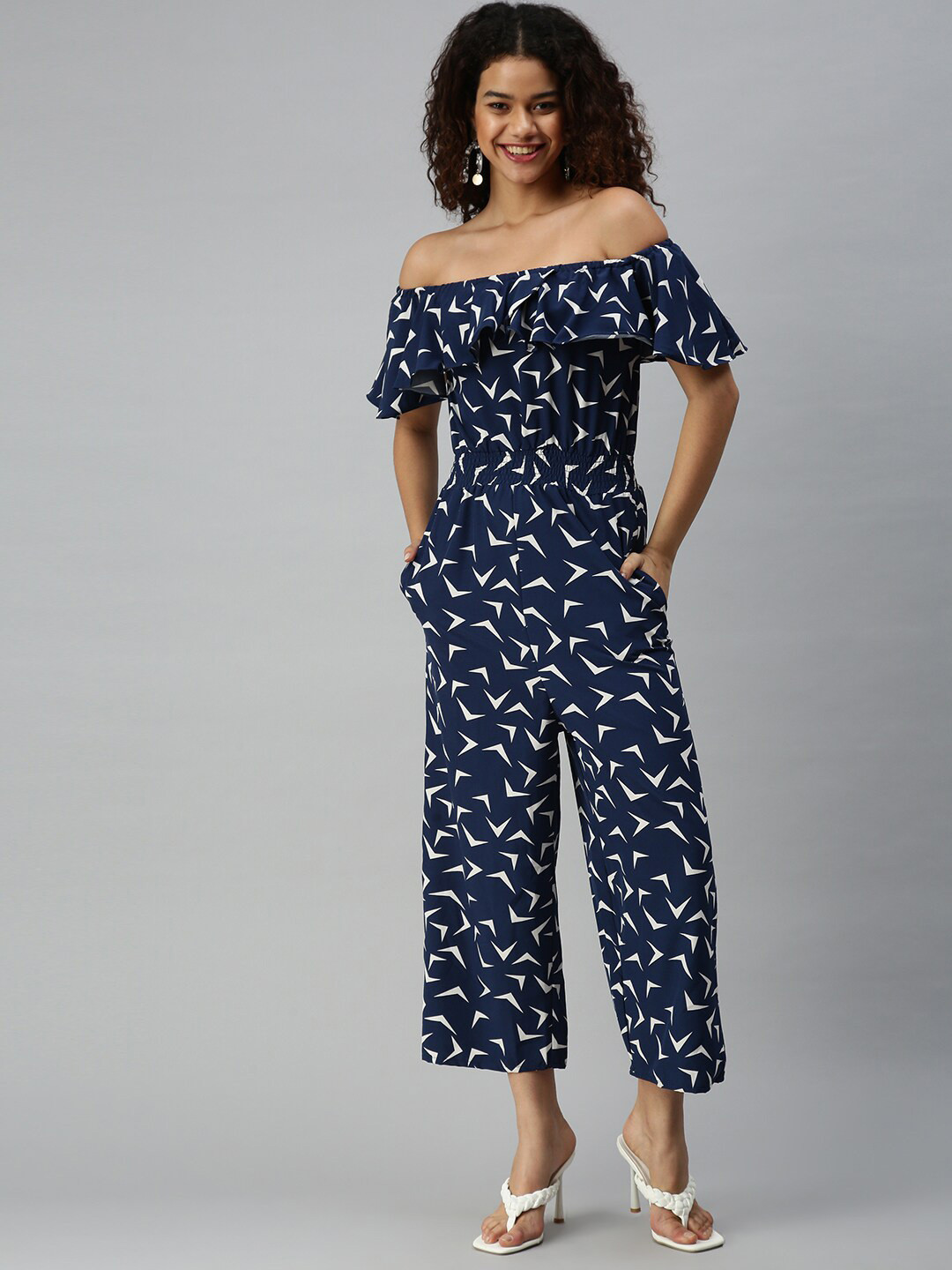 SHOWOFF Printed Off-Shoulder Gathers Basic Jumpsuit