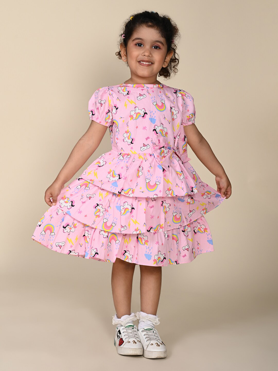 LIL PITAARA Girls Round Neck Conversational Printed Layered Cotton Fit & Flare Dress