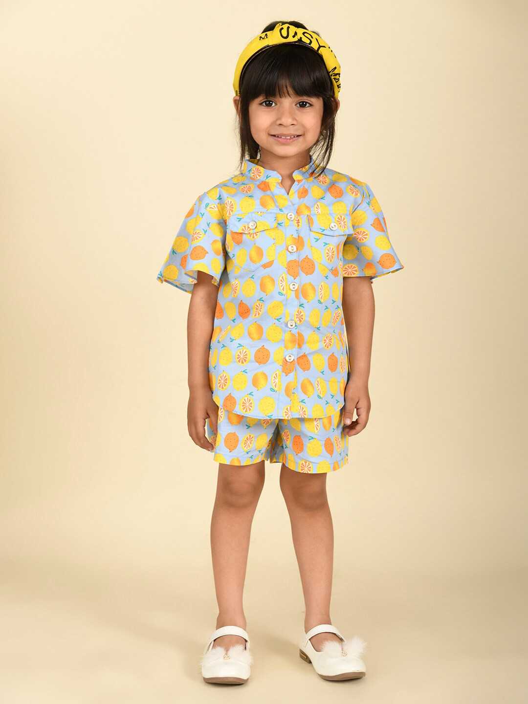 LIL PITAARA Girls Printed Pure Cotton Mandarin Collar Shirt with Shorts Clothing Set