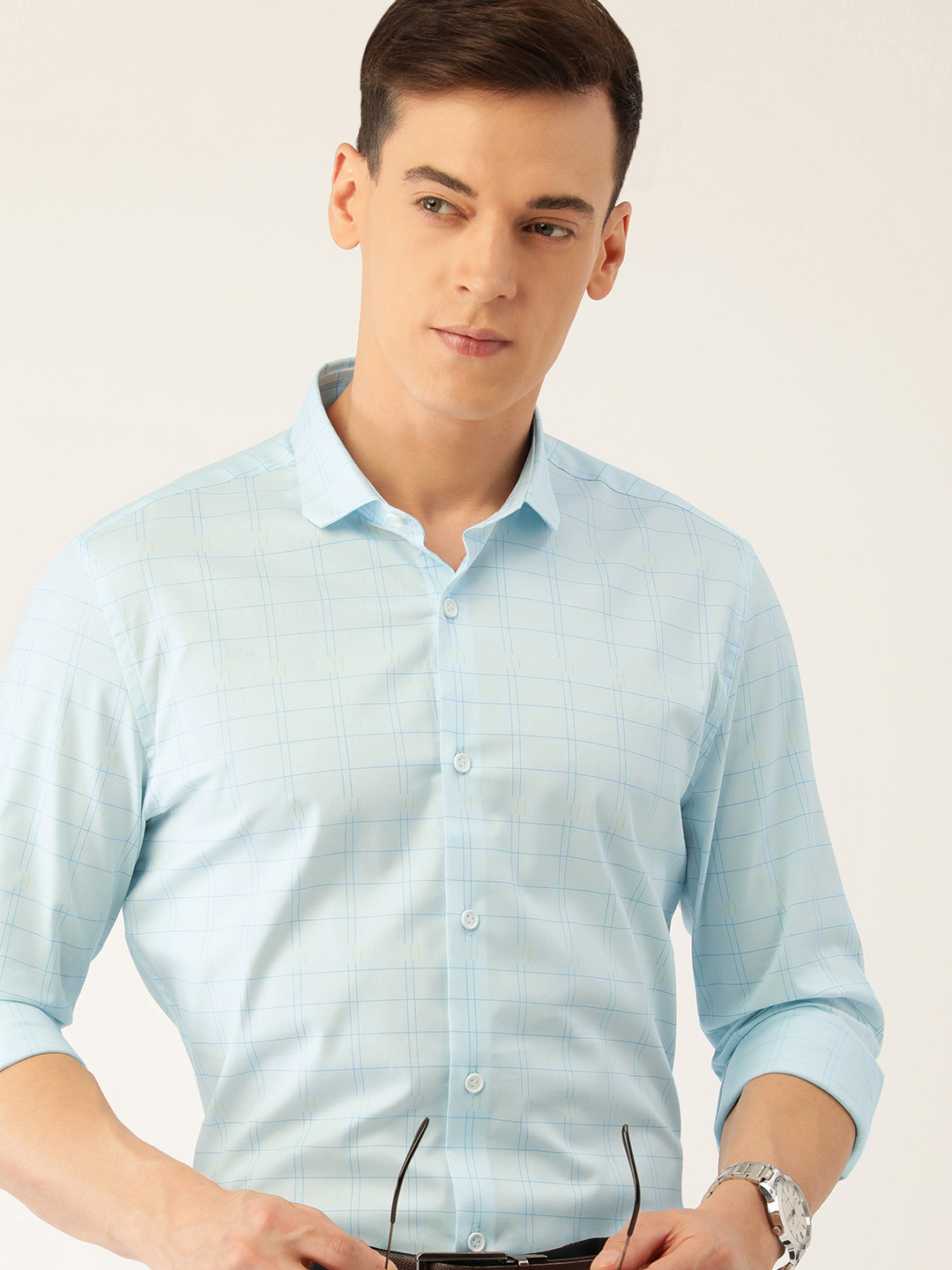 Peter England Men Classic Slim Fit Windowpane Checked Formal Shirt