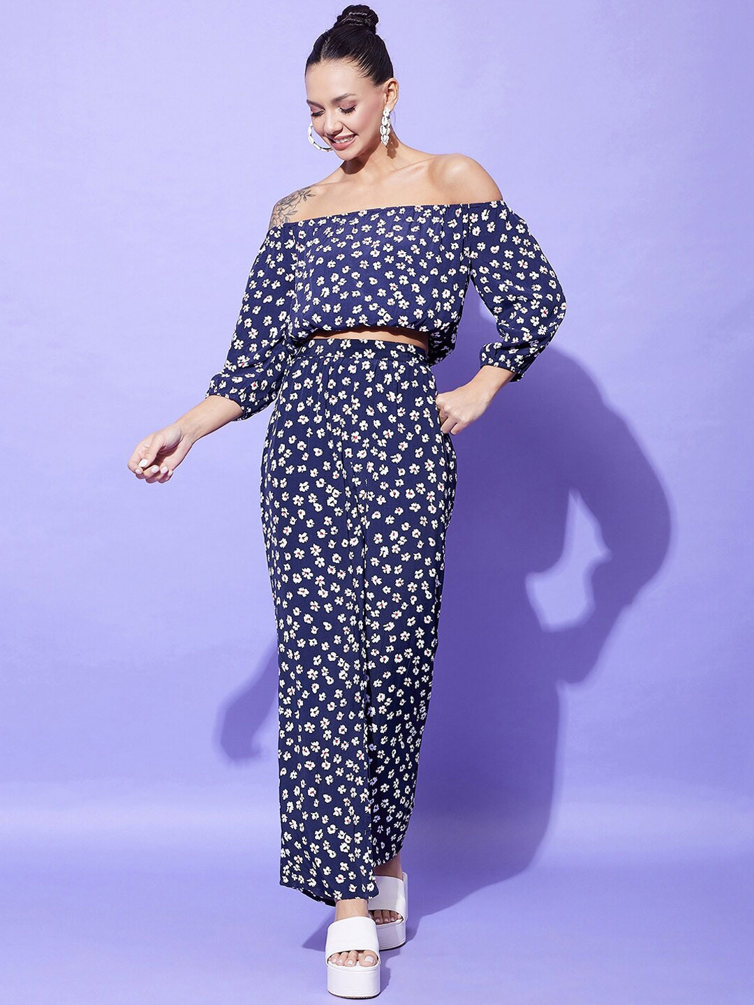 StyleStone Floral Printed Off-Shoulder Crop Top with Trouser Co-Ord Set
