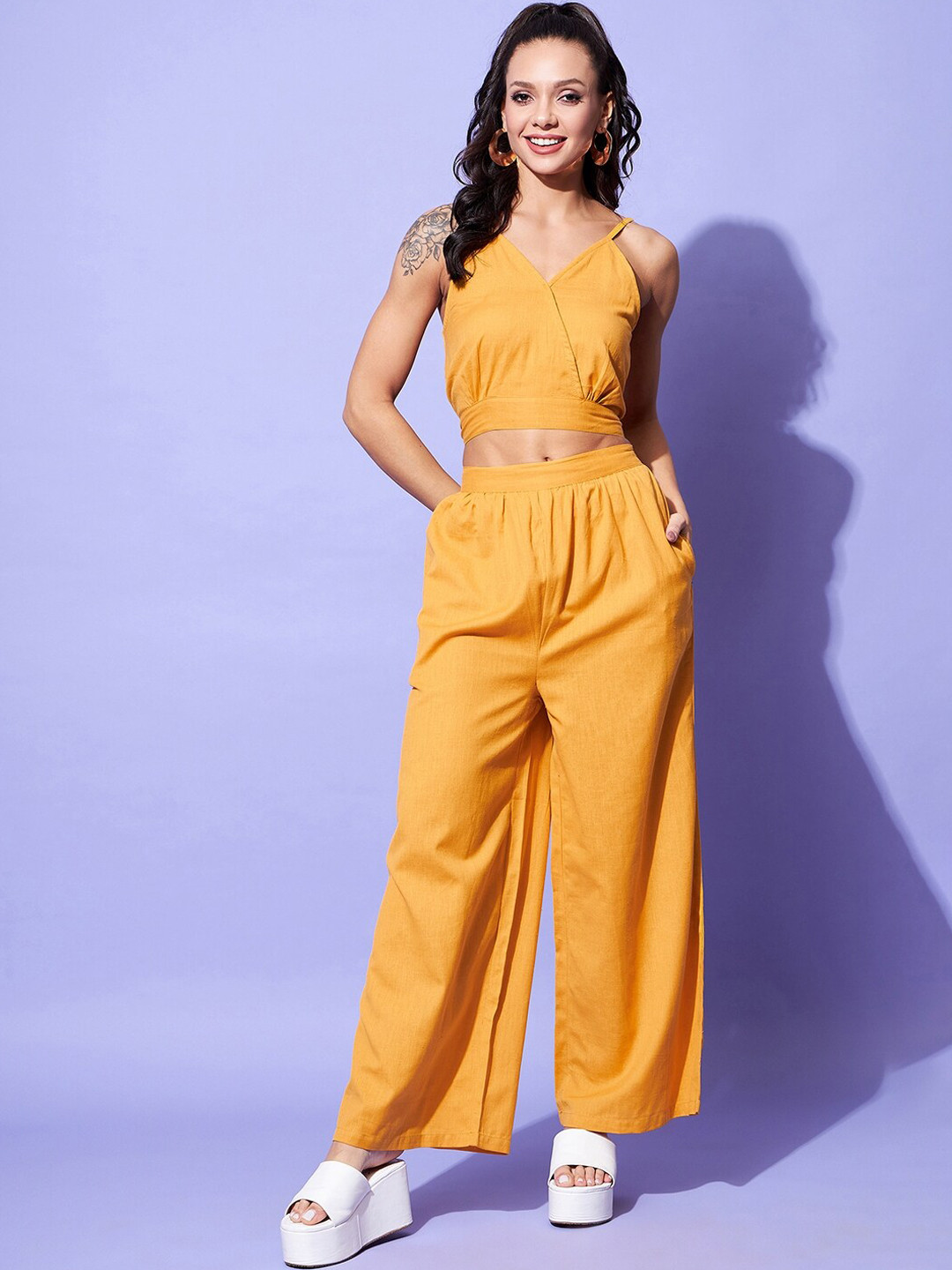 StyleStone Cotton Linen Sleeveless Crop Top with Palazzo Co-Ord Set