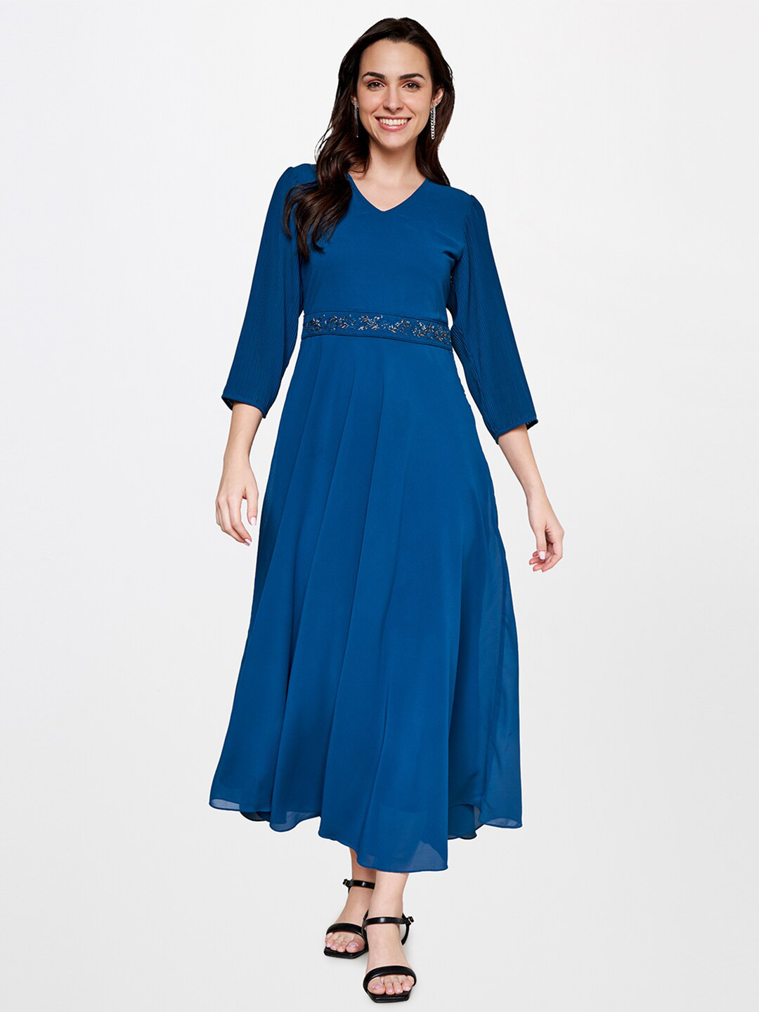 AND V-Neck Embellished Flared Maxi Dress