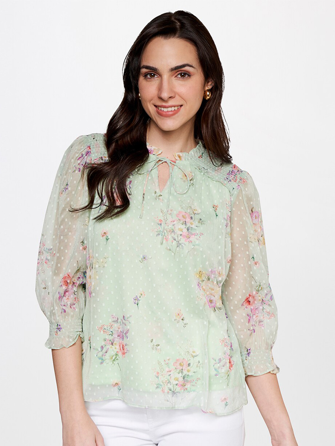 AND Floral Printed Tie-Up Neck Cuffed Sleeves Top
