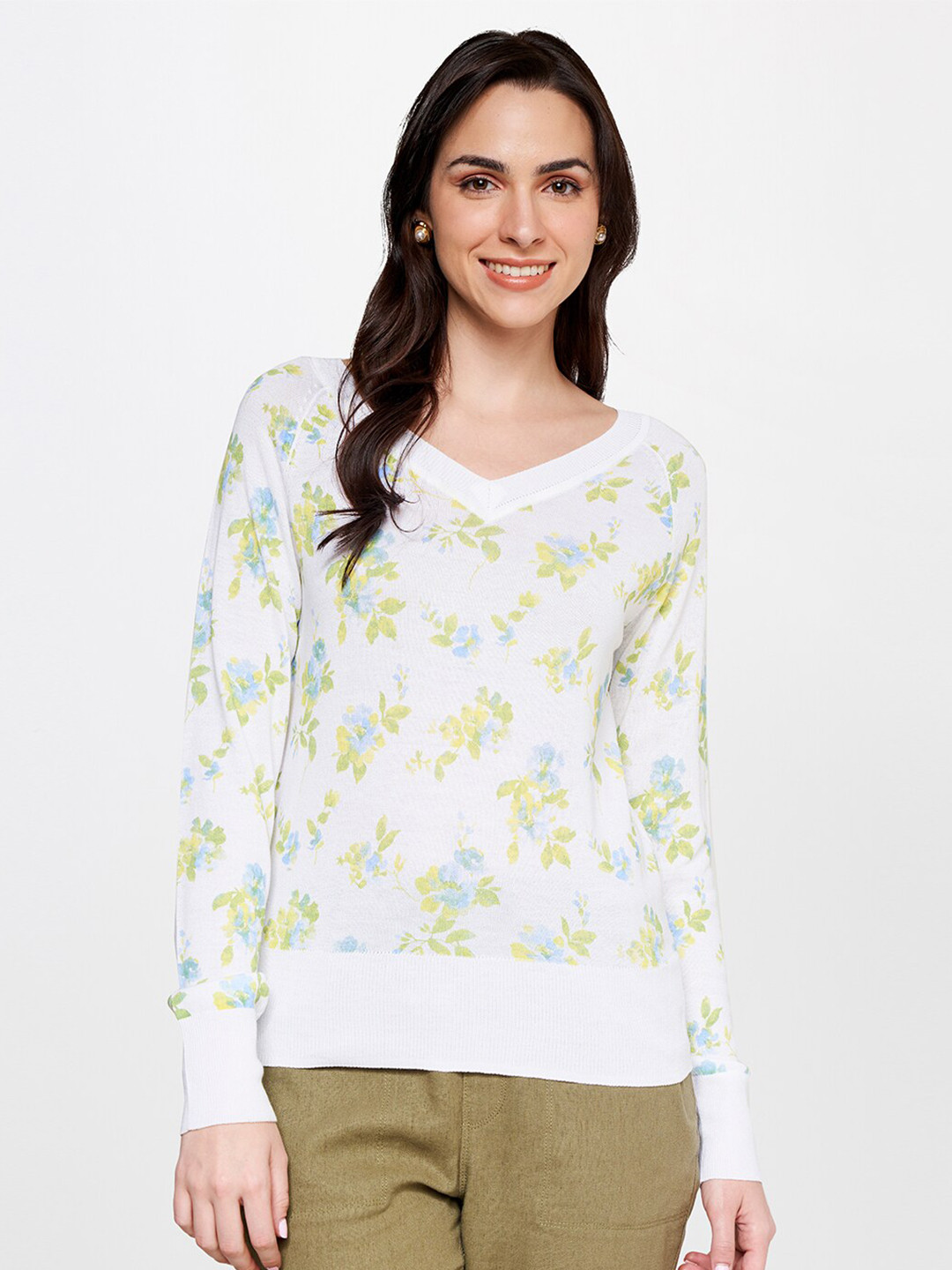 AND Floral Printed V-Neck Long Sleeves Pullover