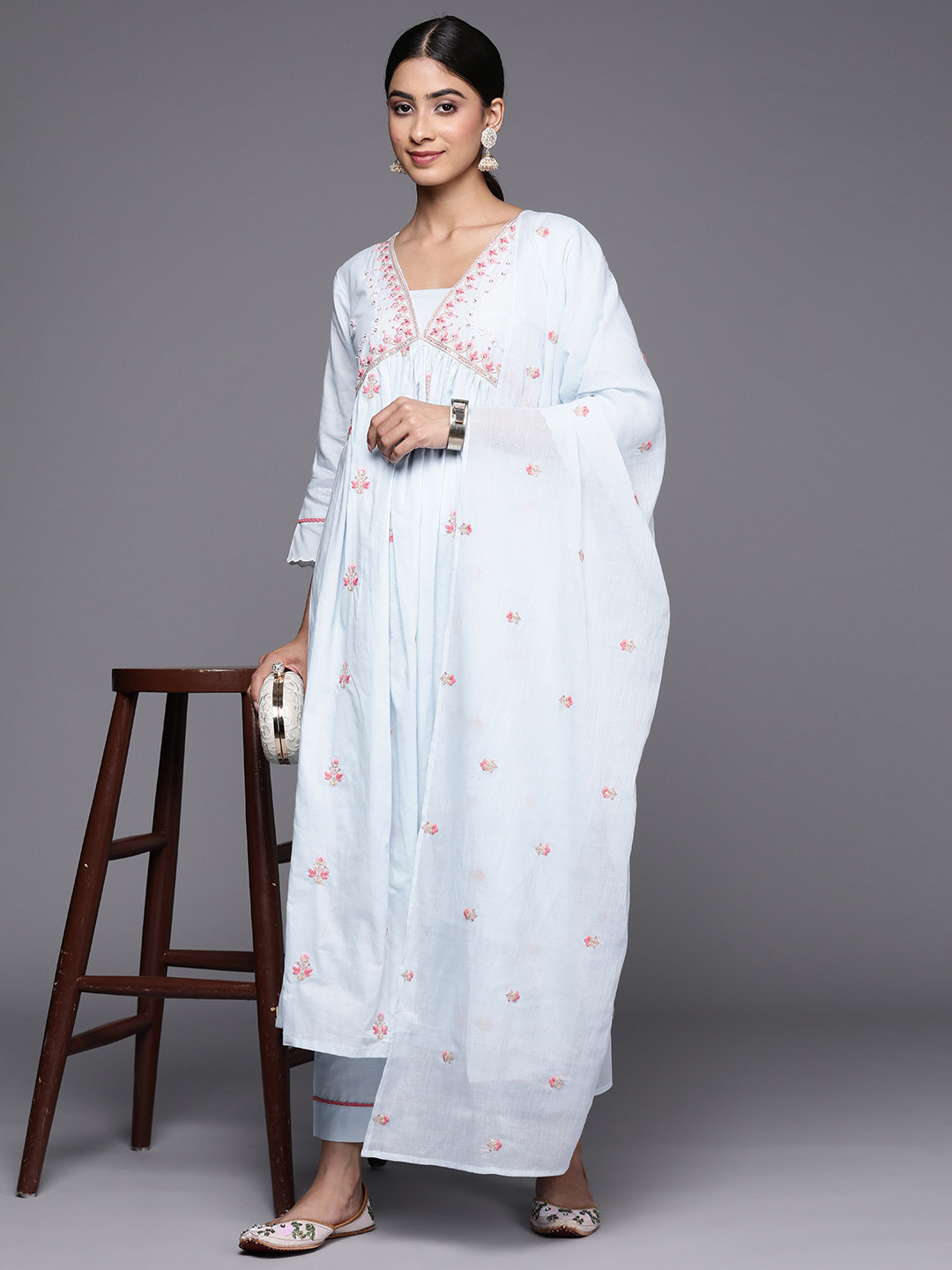 Varanga Alia Cut Floral Embroidered Empire Sequinned Pure Cotton Kurta With Trousers & Dupatta