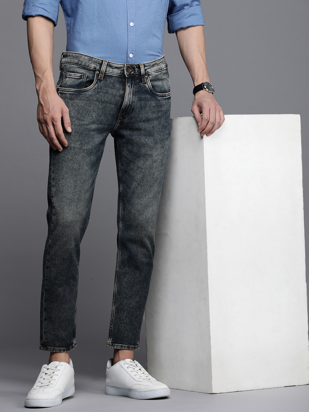 Louis Philippe Jeans Men Mid-Rise Smart Skinny Fit Heavy Fade Acid Wash Stretchable Jeans