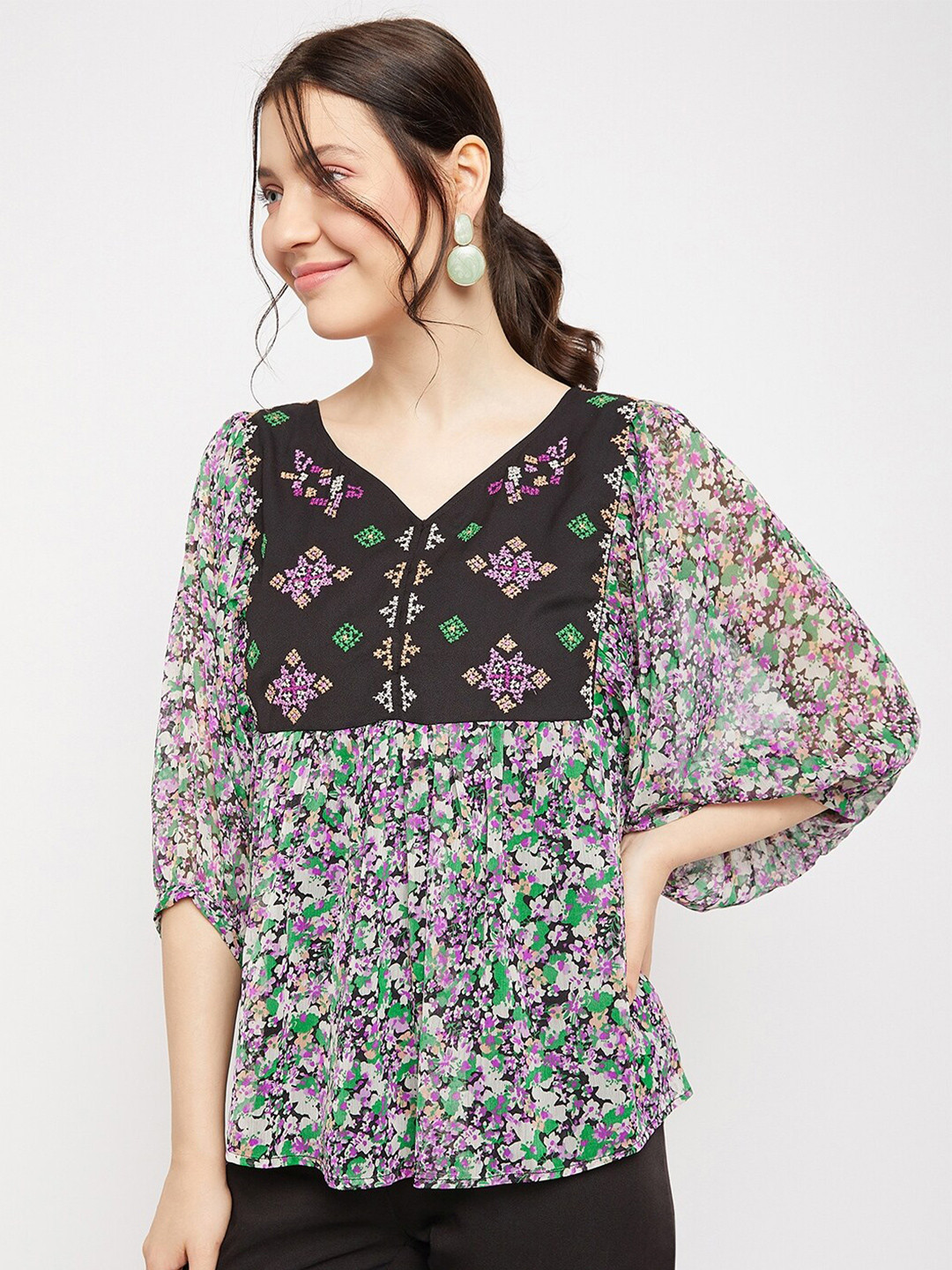 Antheaa Green Floral Printed Puff Sleeves Embroidered Chiffon Top
