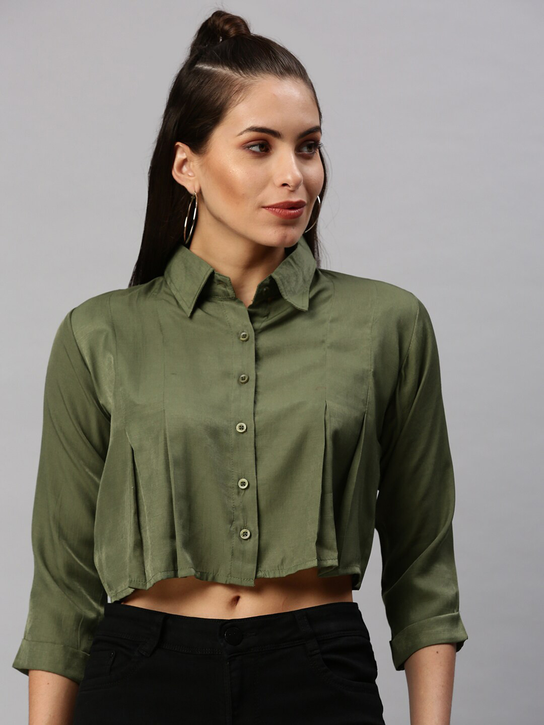 SHOWOFF Comfort Boxy Opaque Casual Crop Shirt