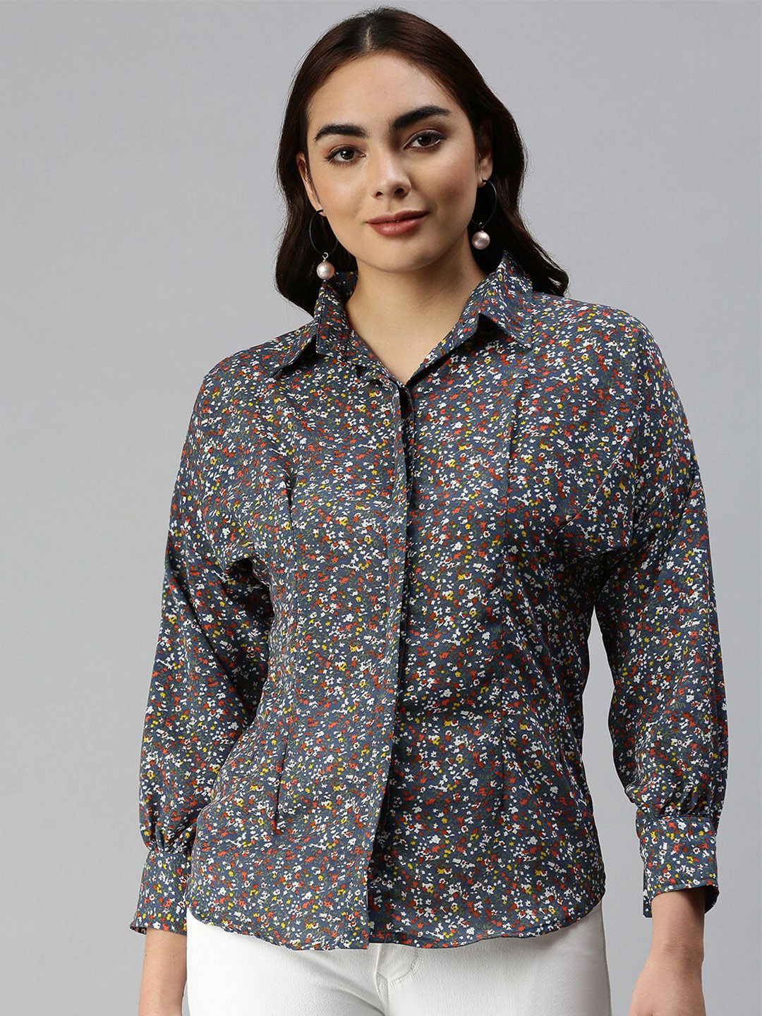 SHOWOFF Women Floral Printed Puff Sleeves Contemporary Slim Fit Casual Shirt