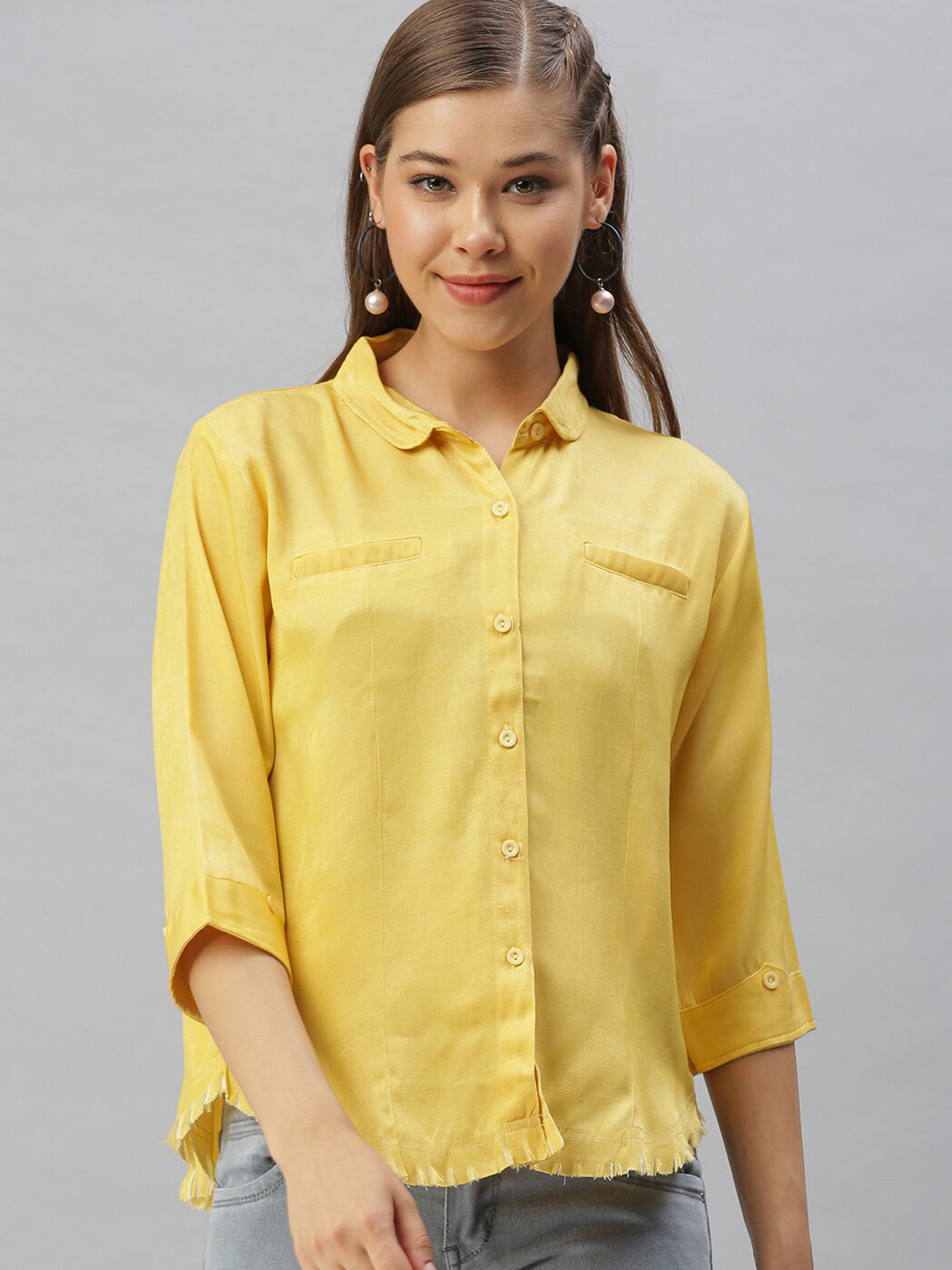 SHOWOFF Bottom Raw Edge Club Collar Comfort Casual Shirt